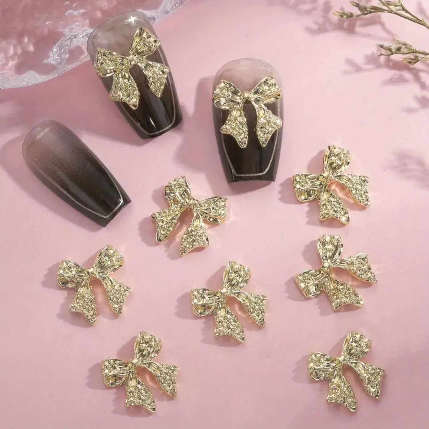 10 Pcs Bow Nail Art Charms 3D Alloy Gold Bow Nail Charms Shiny Nail Art Jewelry Luxury Rhinestones Gold Bow Nail Gems Valentine'