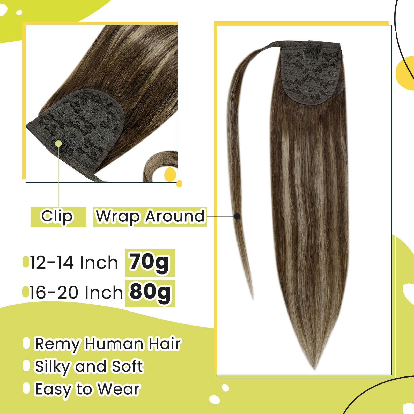 Runature 20 Inch Human Hair Ponytail Extension Balayage Brown To Strawberry Blonde With Mediun Brown Long Clip In Ponytail Hair
