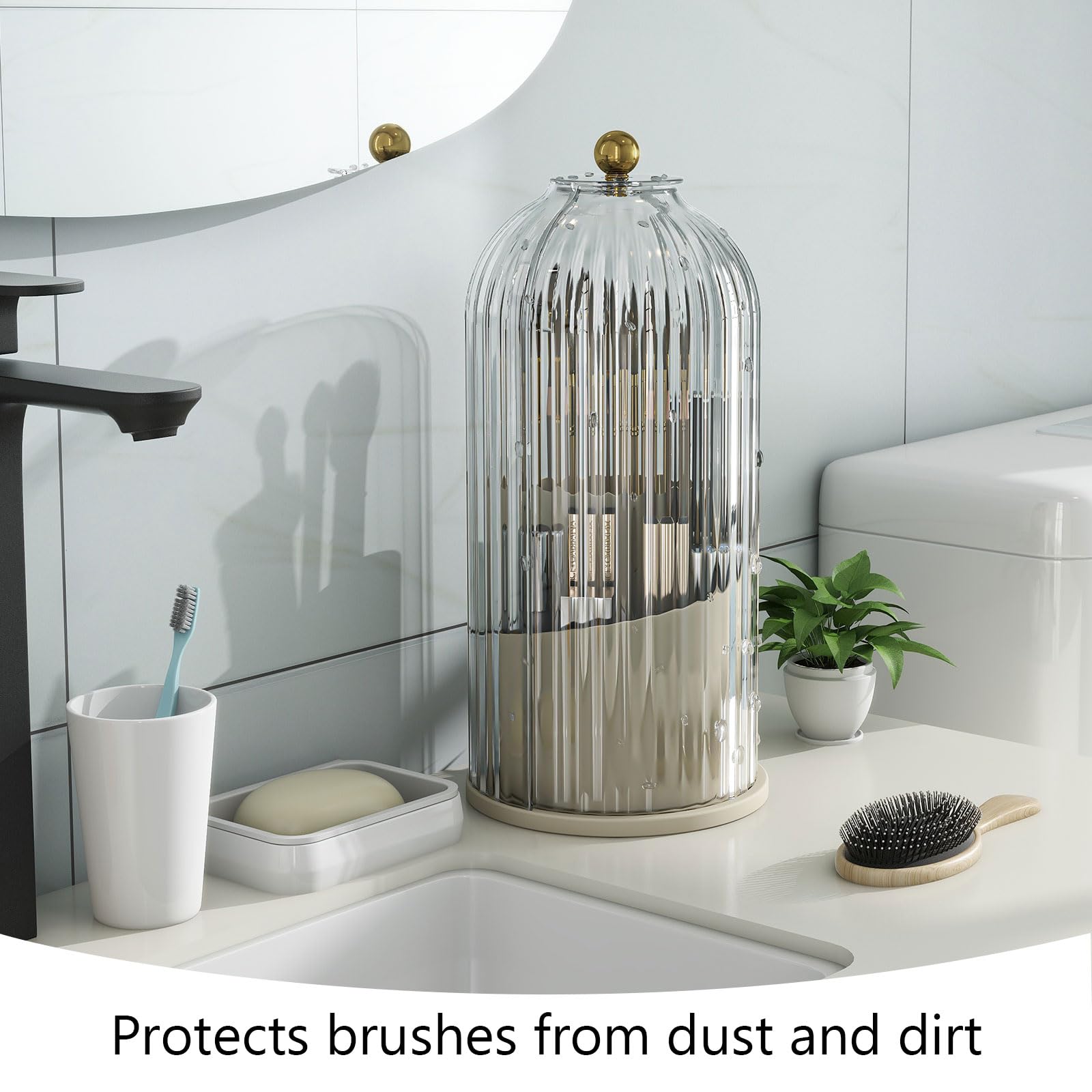 Emljkvp Makeup Brush Holder With Dustproof Cover 360 Rotating Makeup Brush Organizer For Vanity Bathroom, White/Beige