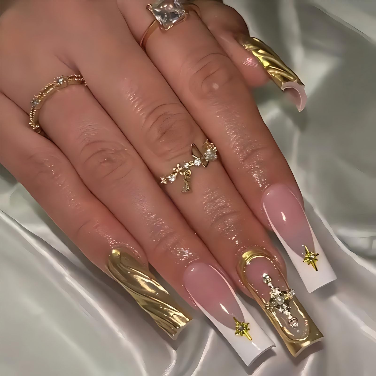 Long Square French Tip Press On Nails 3D White Fall Press Ons Nails For Women