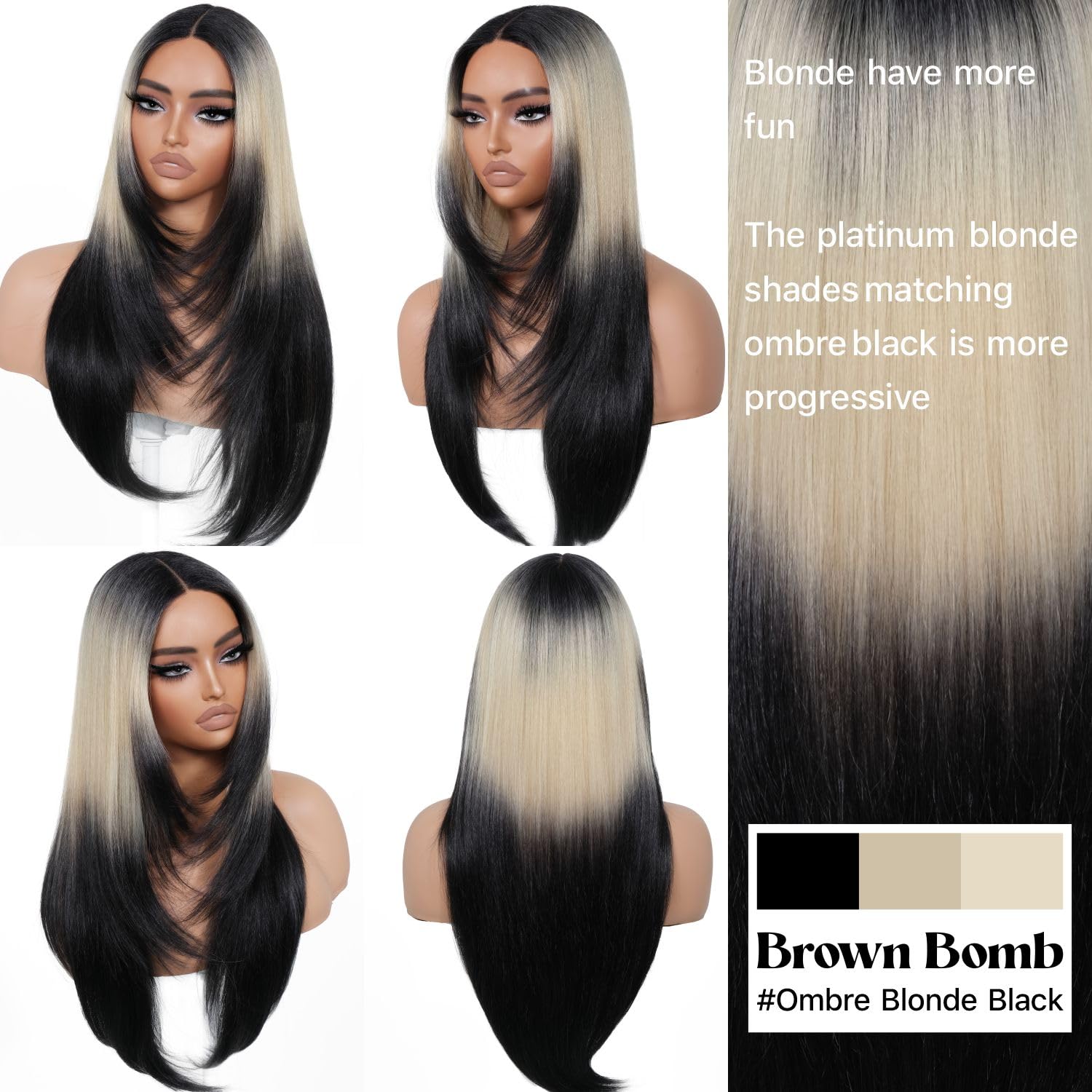 BrownBomb Ombre Blonde Black Wear and Go Glueless Wigs Pre Plucked Pre Cut for Beginners Synthetic Lace Front Wigs With Bangs Lo