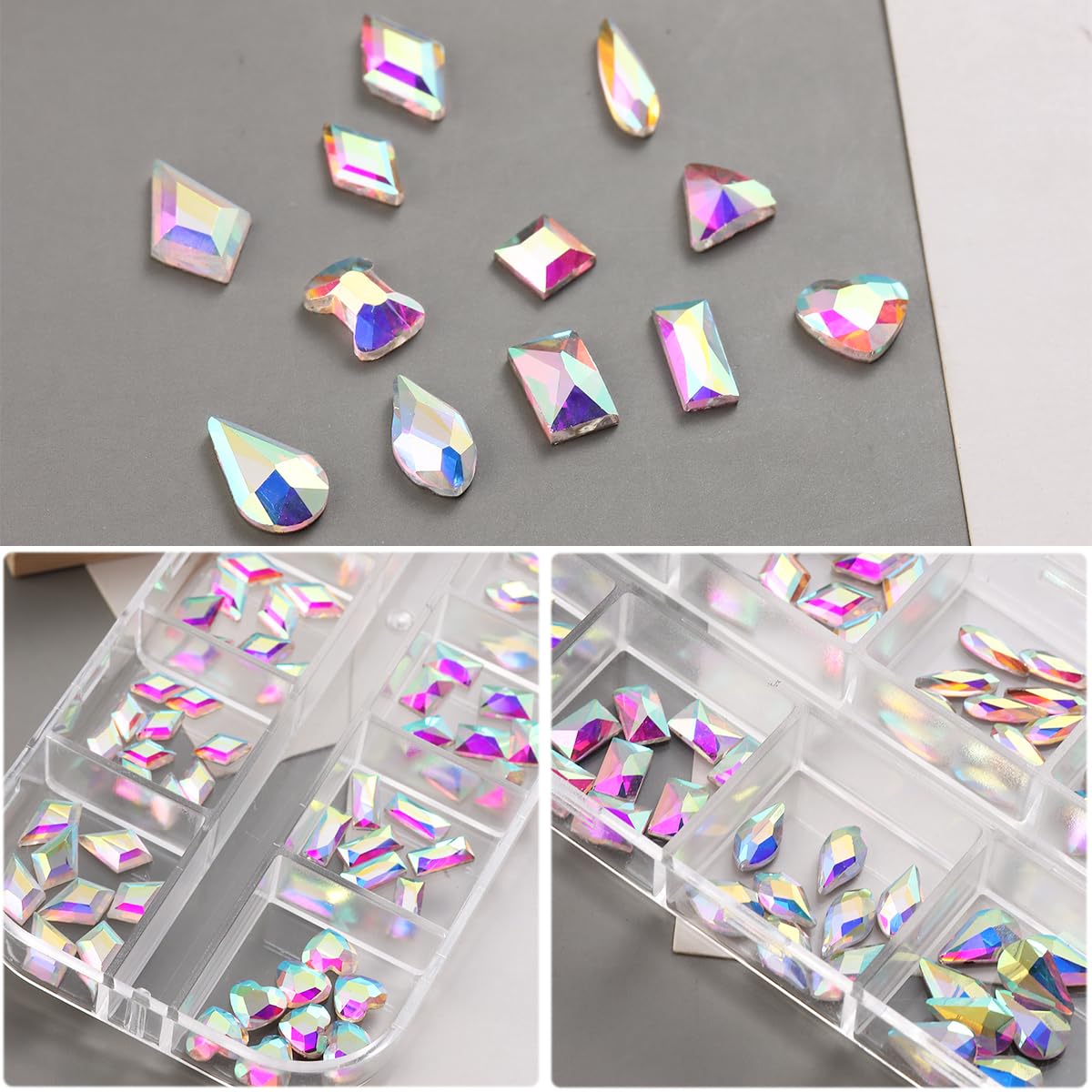 Ab Glass Nail Art Rhinestones Kit With Micro Pixie Crystals, Multi Shapes 3D Flatback Nail Gems, Bling French Tips Nail Art, Spa