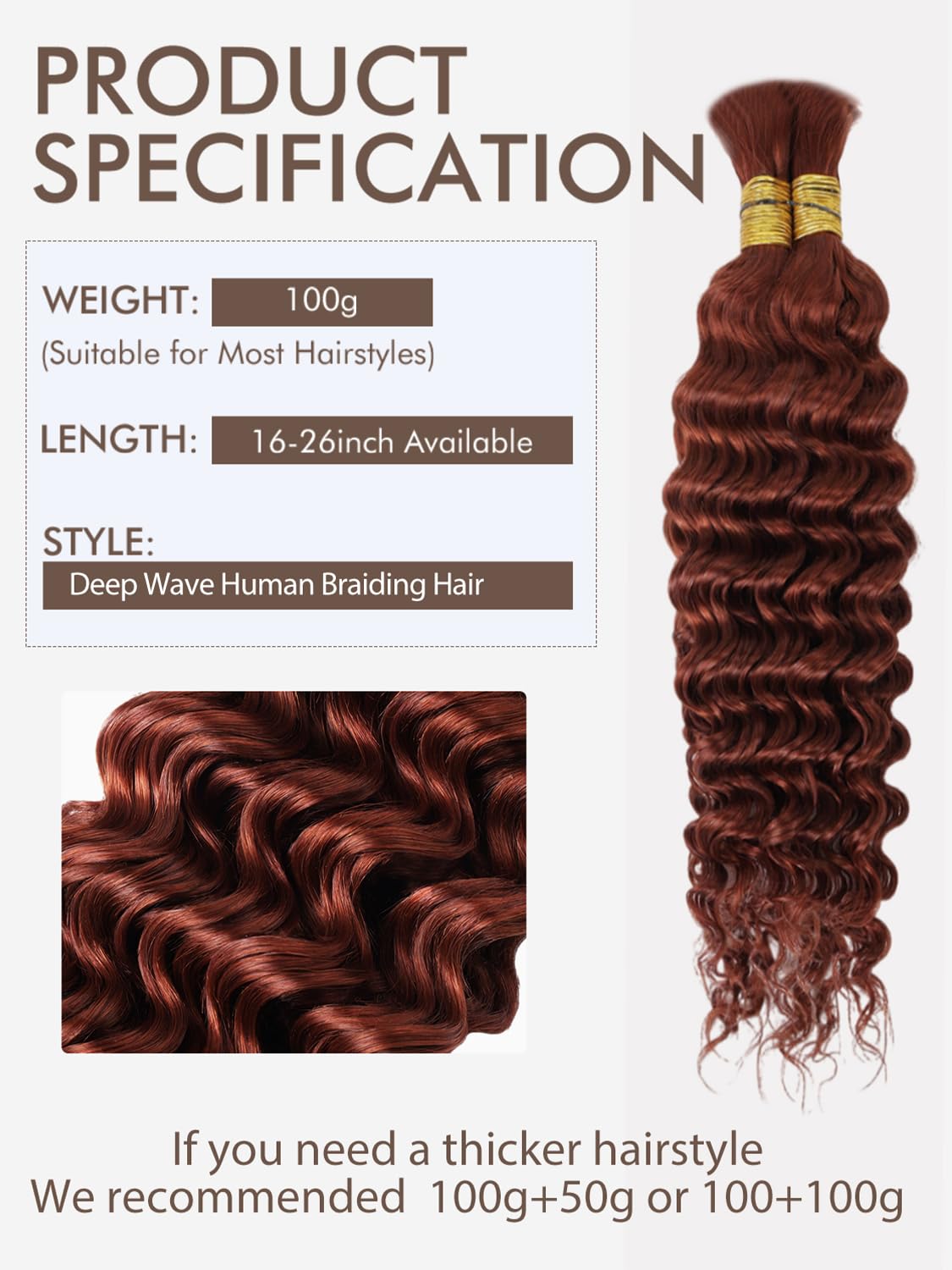 Ginger Braiding Hair 350 Braiding Hair 100G 24 Inch Copper Braiding Hair Extensions Deep Water Wave Curly Bulk Human Hair For Br