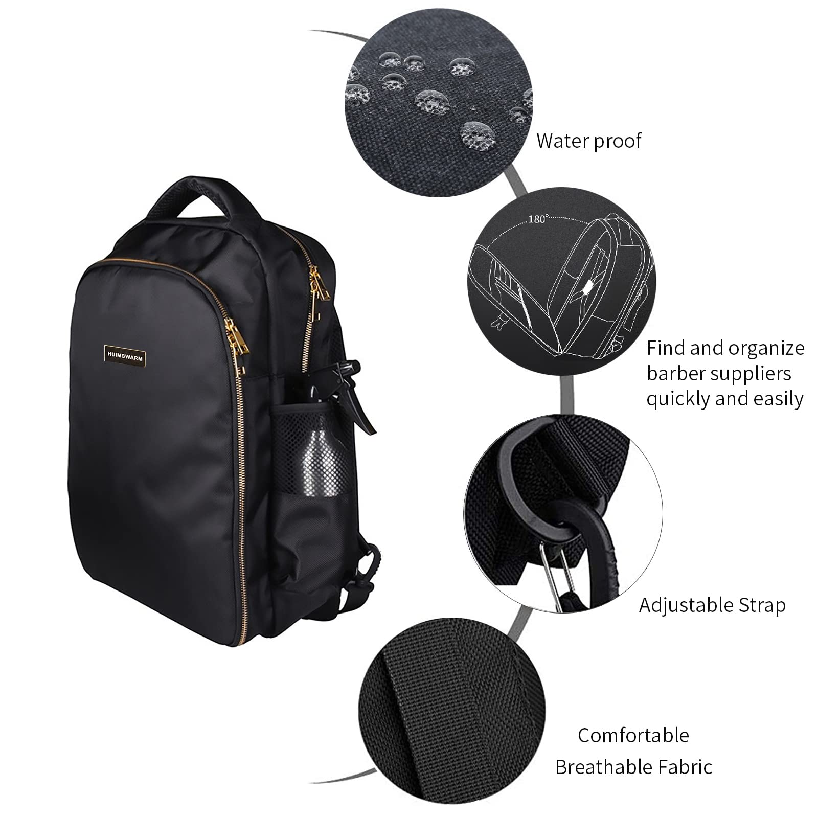 HUIMSWARM Barber Clippers Backpack, Large Black, Waterproof, Includes Barber Cape & Brush, Model S1
