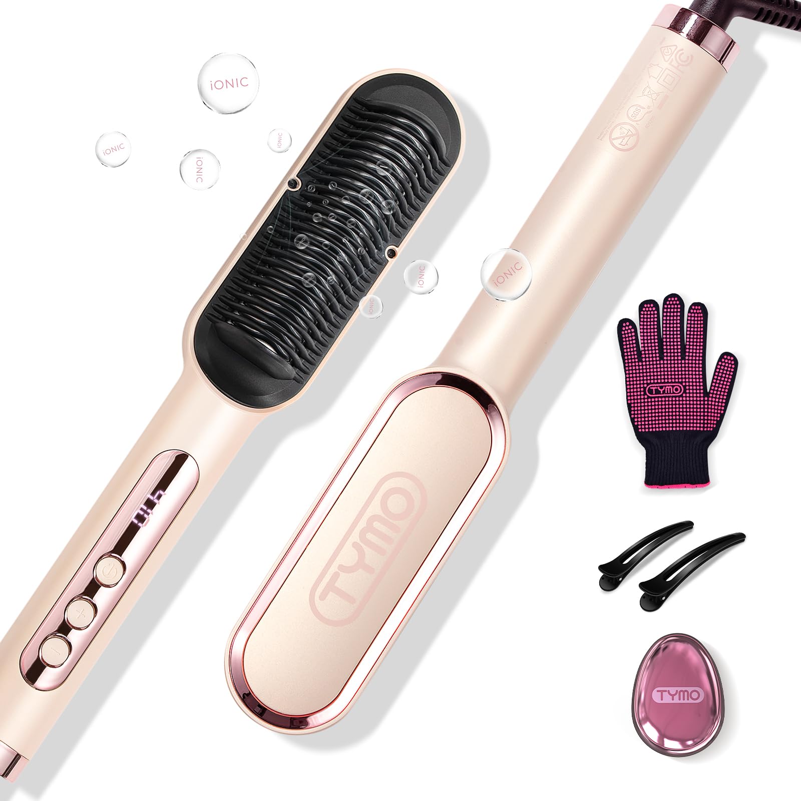 Tymo Ring Plus Ionic Hair Straightener Brush - Straightening Comb With Negative Ions For Women, Titanium Coating, 9 Temp Setting