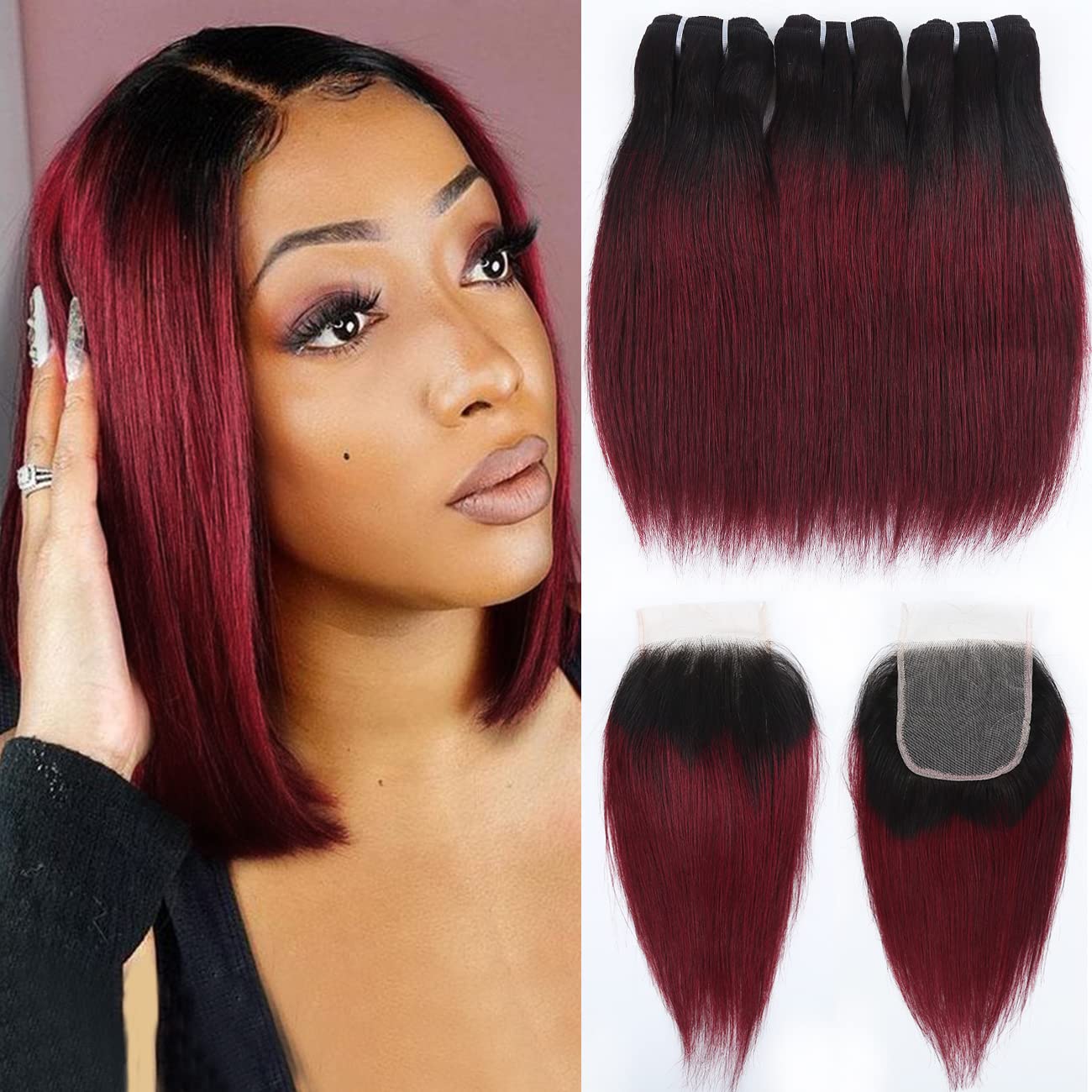 1b/99j Ombre Bundles with Closure(10 10 10+10) Brazilian Straight Bundles Human Hair Red Burgundy Short Bob Human Hair 3 Bundles