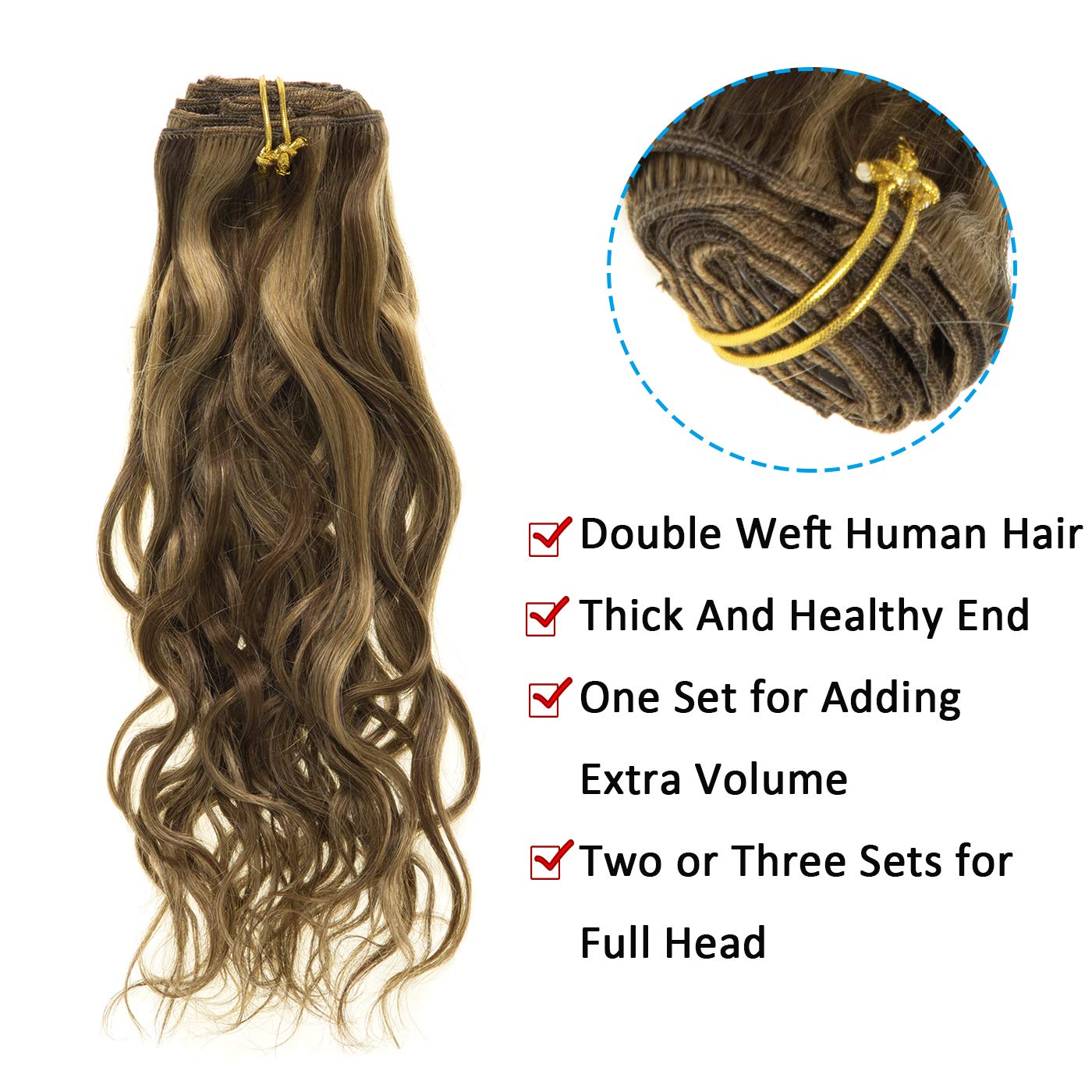 Caliee Curly Clip In Hair Extensions 20Inch Natural Wave Curly Thick End Full Head 8A Grade Remy Human Hair Extensions Highlight