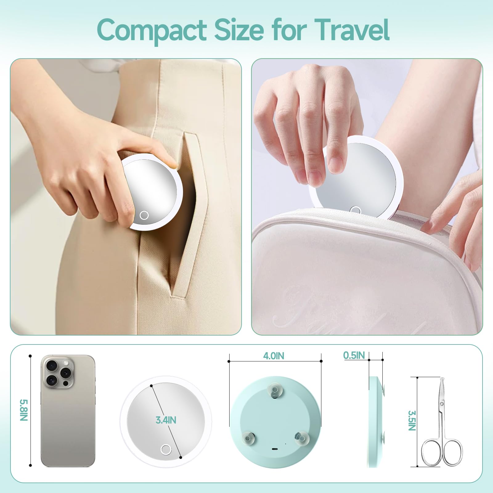Travel Magnifying Mirror With Light 30X, 4Inch Rechargeable Lighted Compact Pocket Makeup Mirror With Suction Cups