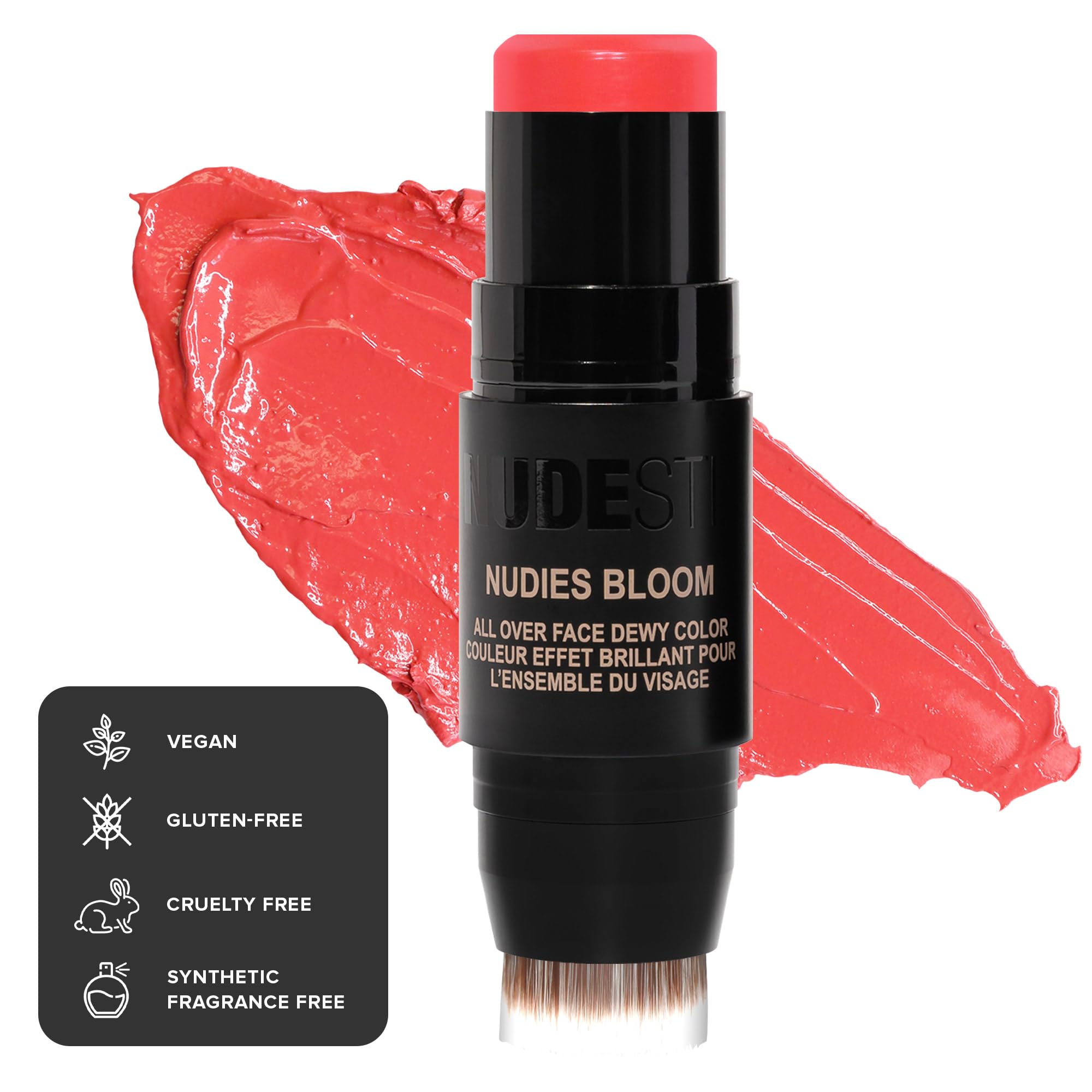 Nudestix Nudies Bloom Dewy and Radiant Cream Blush 3-in-1 All Over Face Colour For Cheeks, Eyes and Lips w/Blending Brush (Poppy