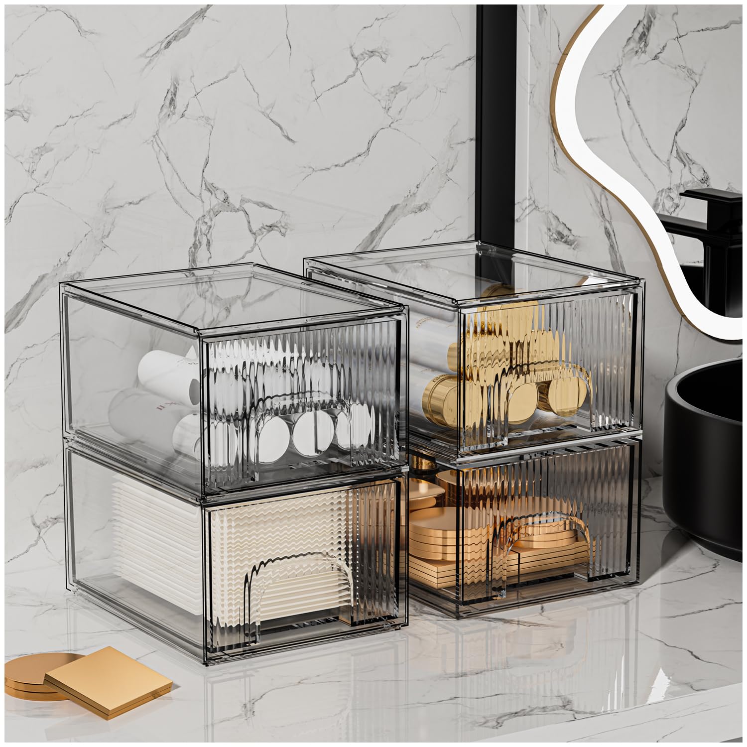 Zhiai Makeup Organizer Drawers, Stackable Stripes Bathroom Organizers And Storage For Bathroom, Vanity, And Kitchen Cabinets 4 P
