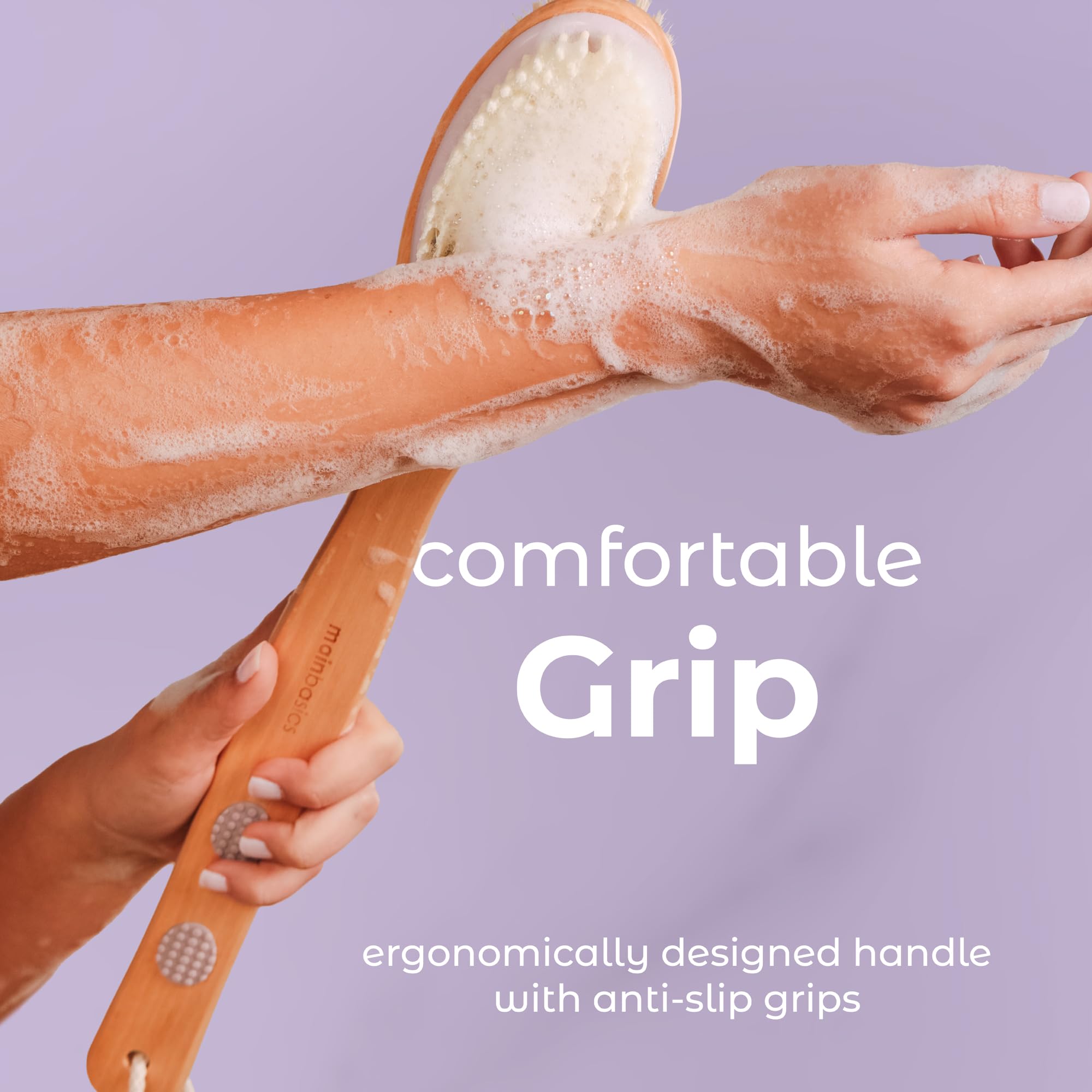 Mainbasics Back Scrubber For Shower Long Handle Back Brush Dual-Sided With Exfoliating And Soft Bristles (Lavender, Wood)