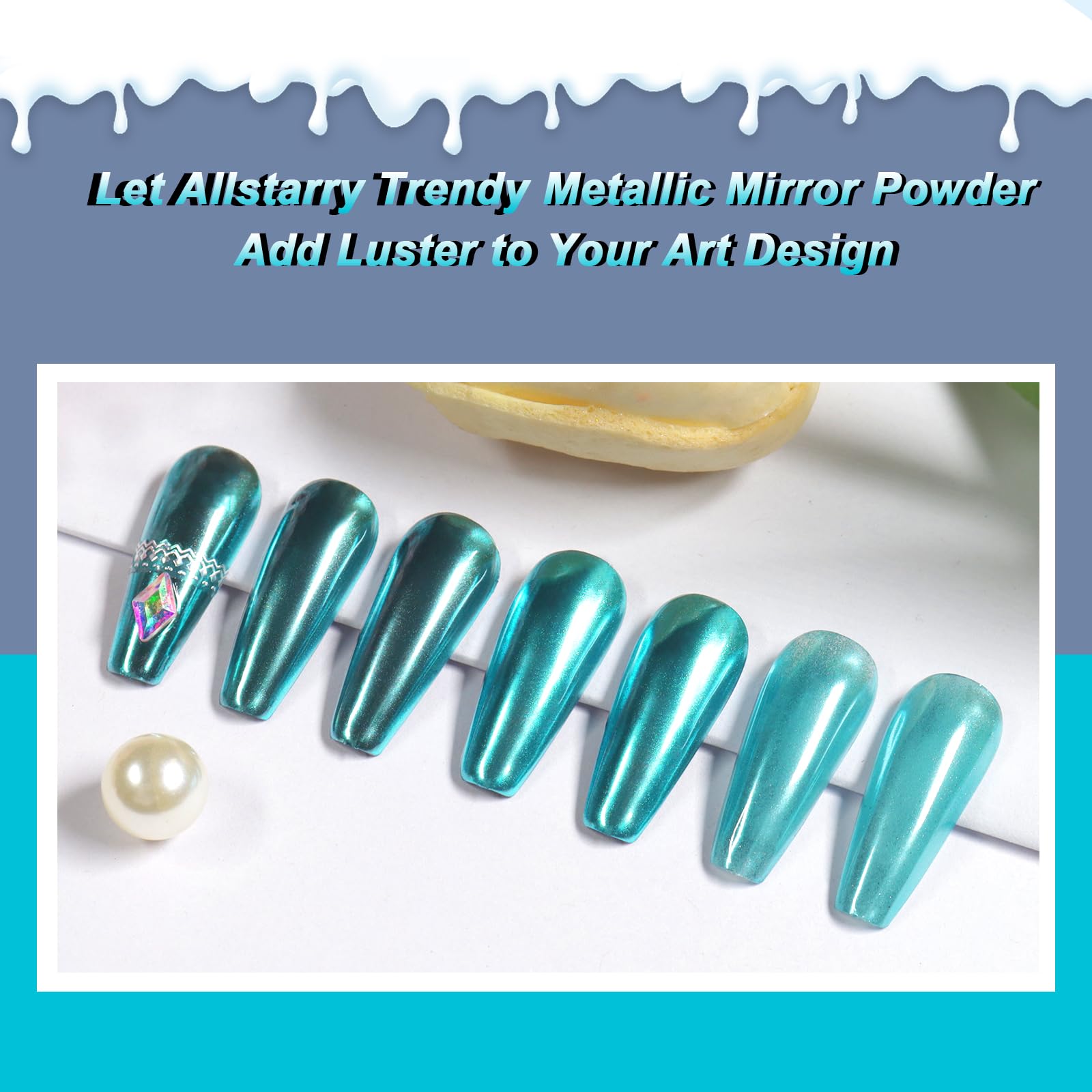 Allstarry Chrome Nail Powder Lake Blue Metallic Mirror Effect Dust Glitter Glazed Manicure Decoration Reflective Pigment For Gel
