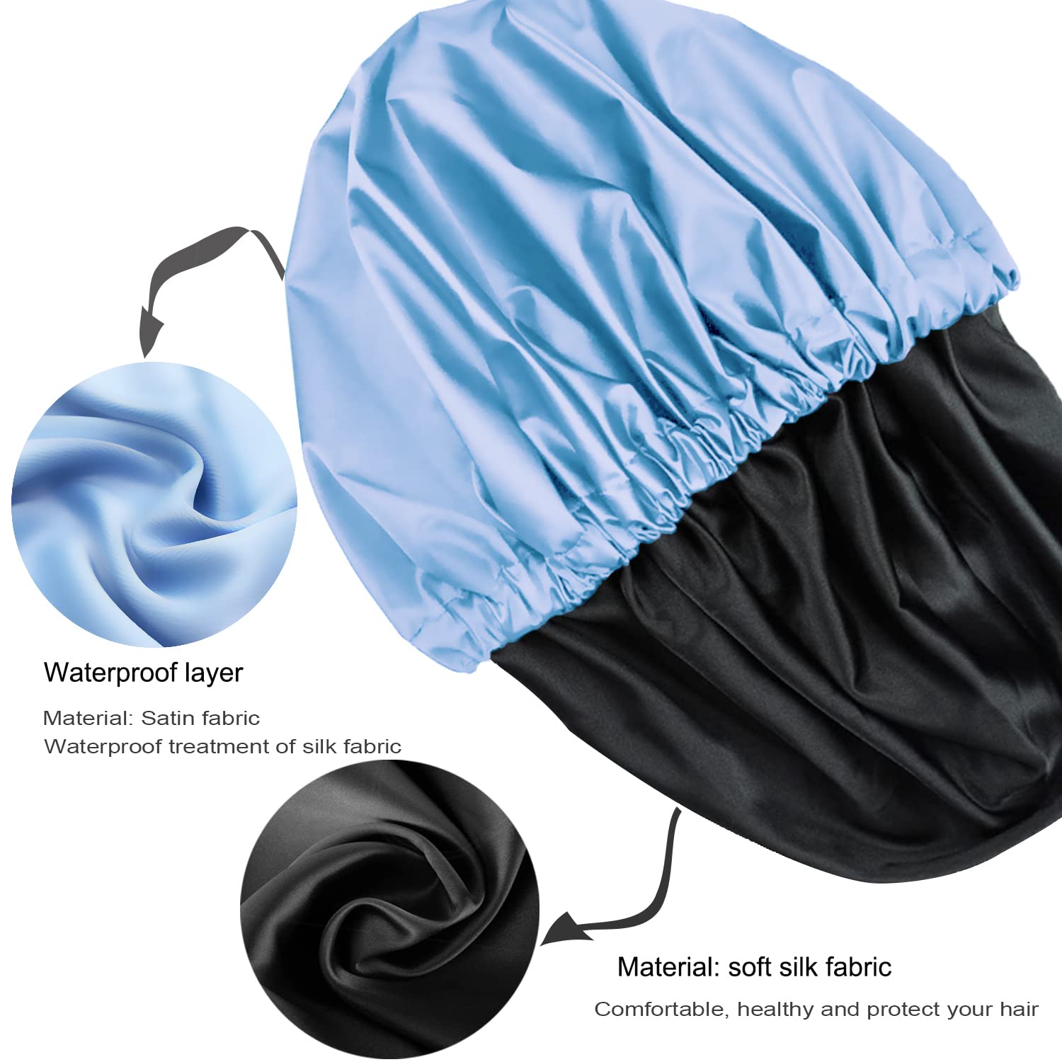 Amamba Large Lined Shower Cap,Double Layer Satin Fabric,Adjustable Size, Washable & Breathable,Waterproof,Reusable,Hair Shower C