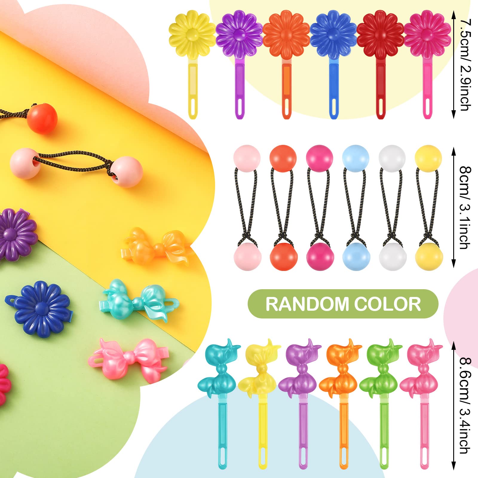60 Pcs Self Hinge Hair Barrettes for Girls Ball Bubble Hair Accessories 80s 90s Assorted Hair Clips Elastic Ponytail for Baby To