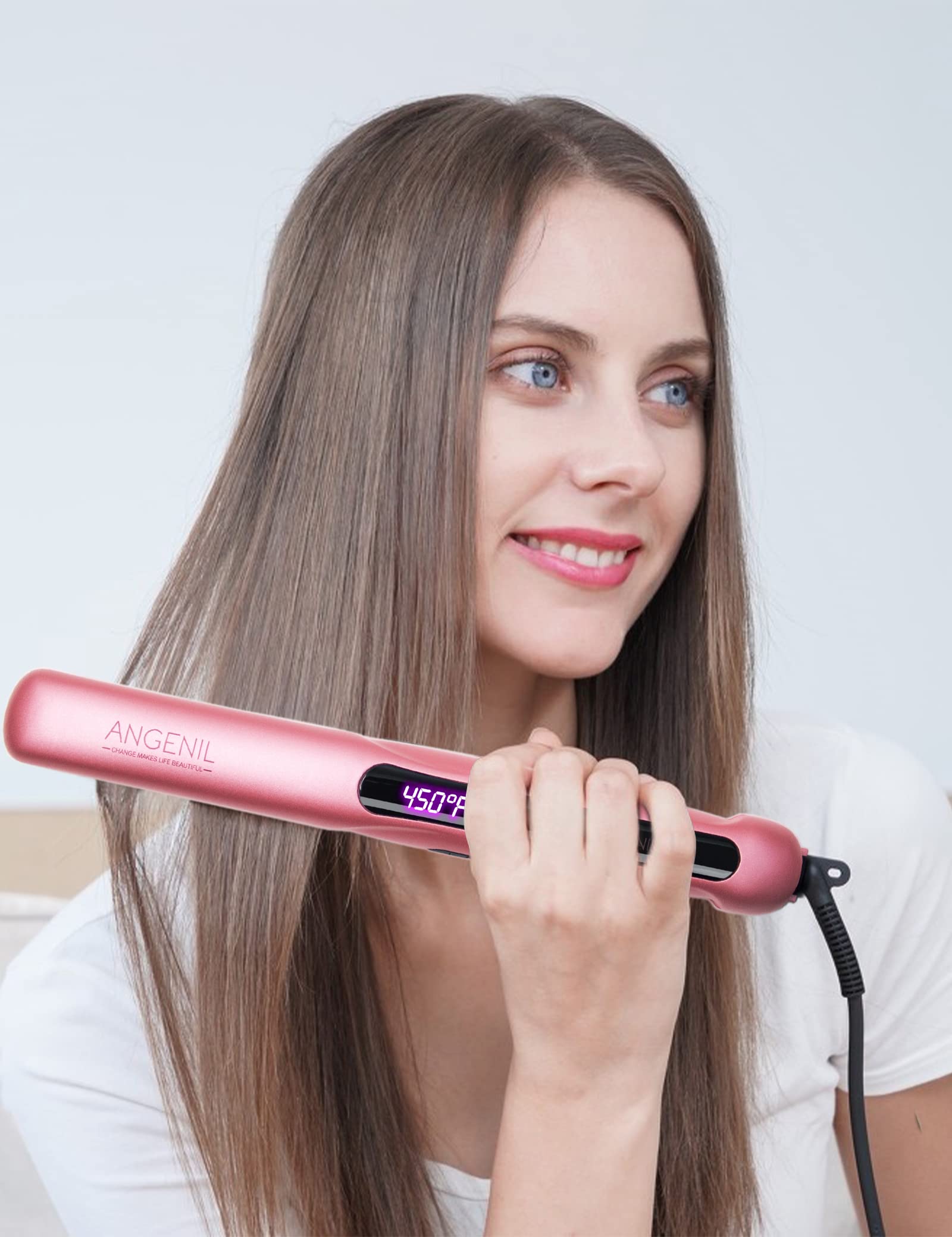 ANGENIL Argan Oil Flat Iron for Women, Hair Straightener and Curler 2 in 1, Professional Portable Ceramic Pink Hair Straightener