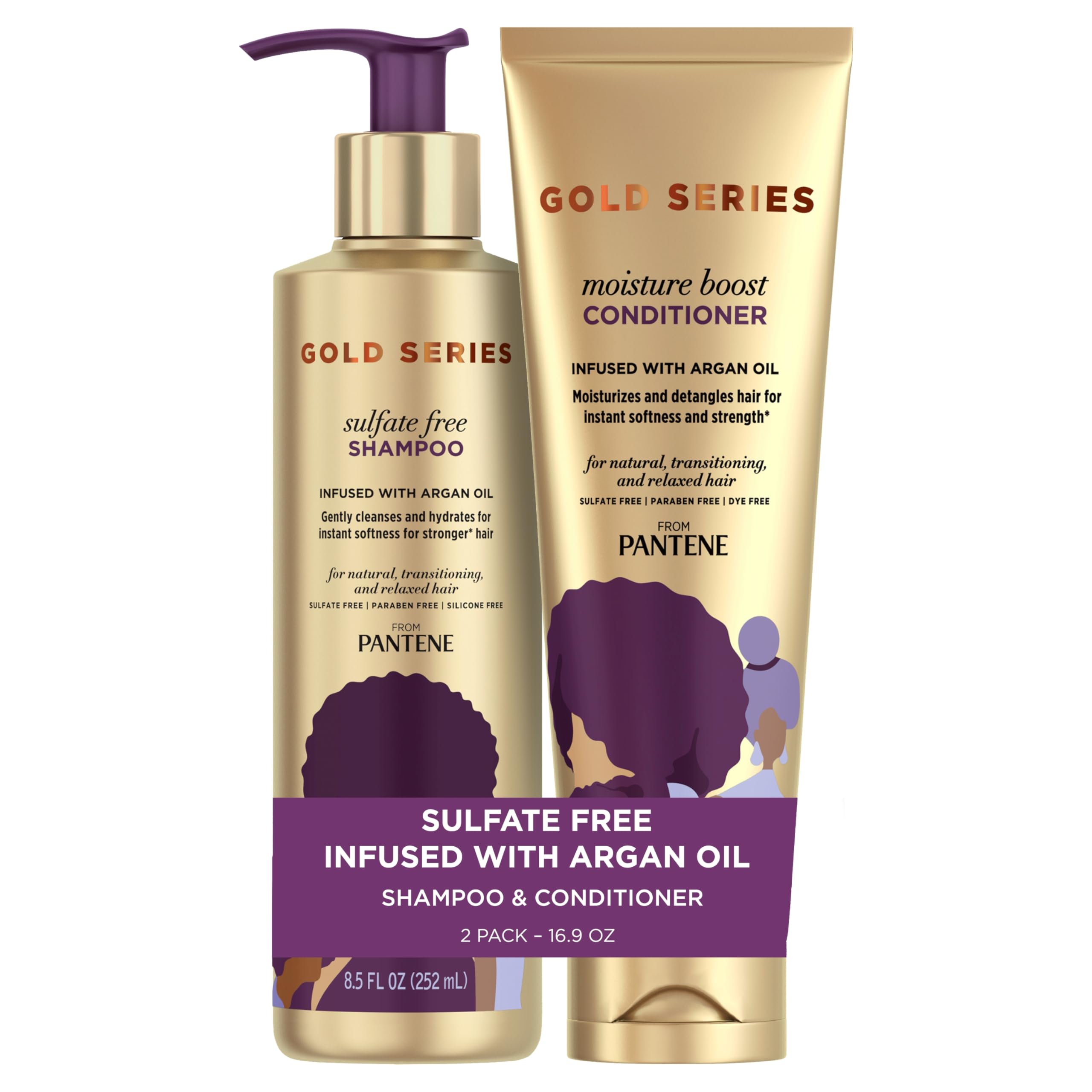 Pantene Shampoo and Sulfate Free Conditioner Kit, with Argan Oil, Pro-V Gold Series, for Natural and Curly Textured Hair, 16.9 f