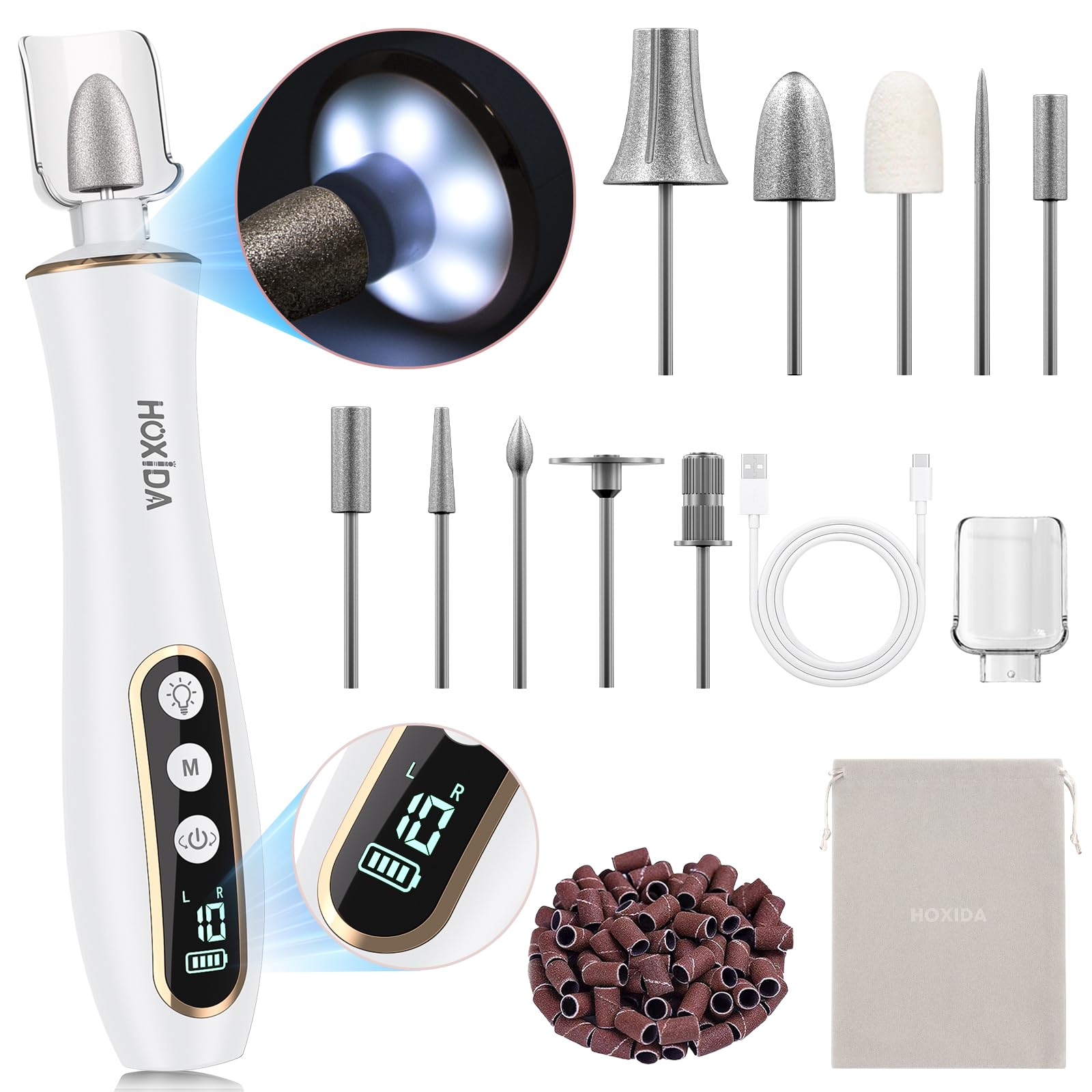 Professional Manicure Pedicure Kit, Cordless Electric Nail Drill with 360 LED light&10 Speeds, Rechargeable Pedicure Tools for f