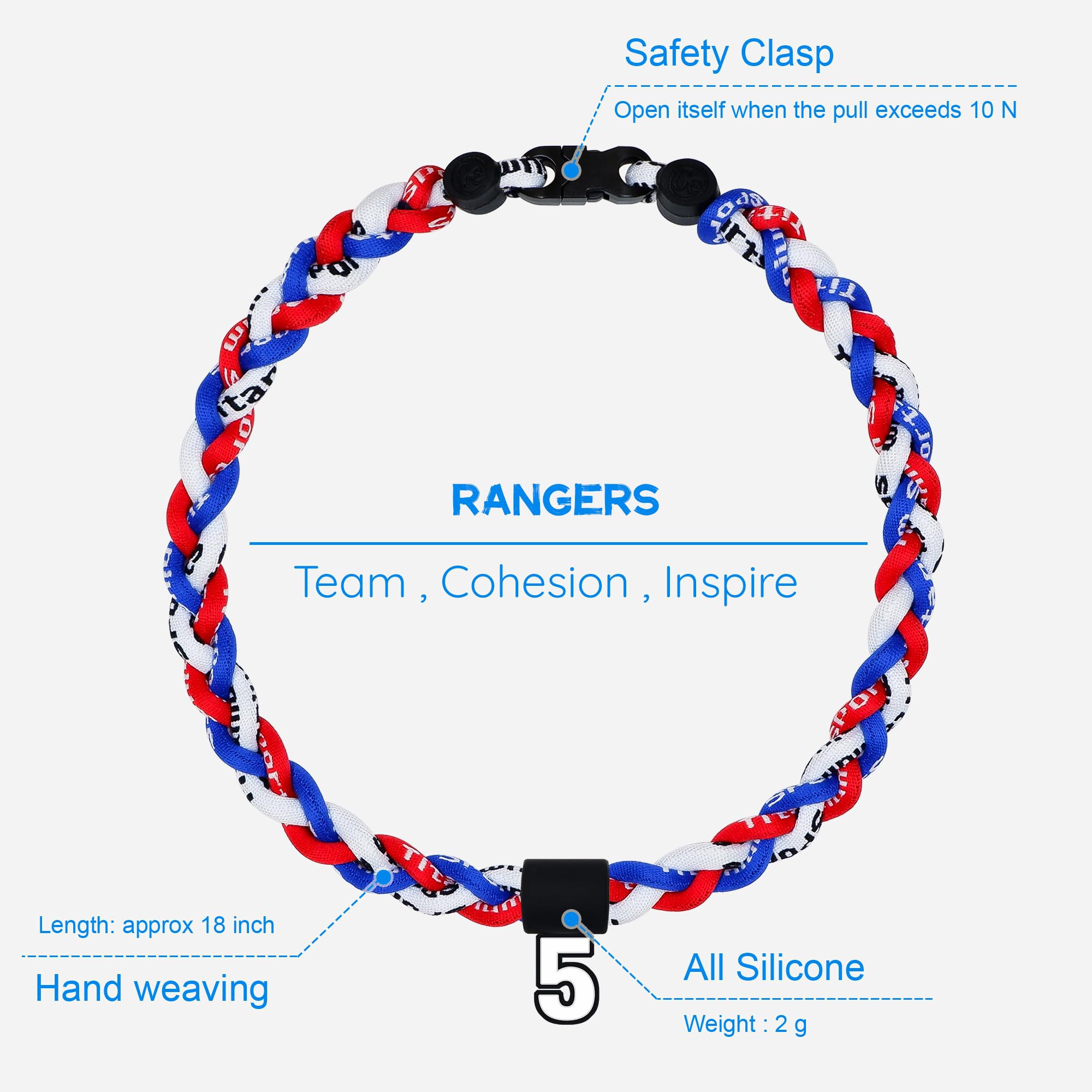 SUPBOMM Baseball Rope Necklaces, League Team Colors Braided Necklace with Number Pendant, Baseball Team Gifts, Rangers, No. 5