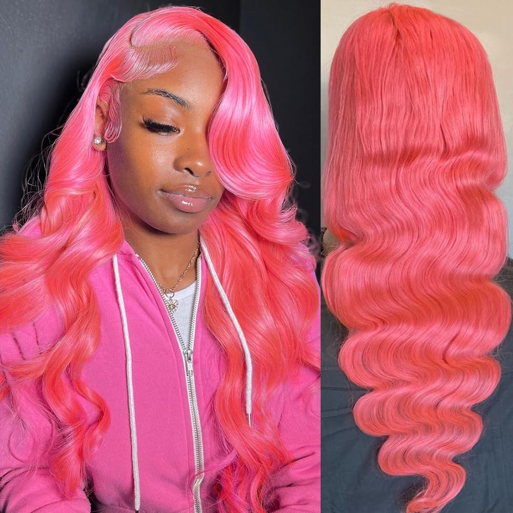 Lotulo Pink Lace Front Wig Human Hair, 13x4 Lace Front Wigs Human Hair Colored 180% Density Body Wave Pink Wig Human Hair Lace F