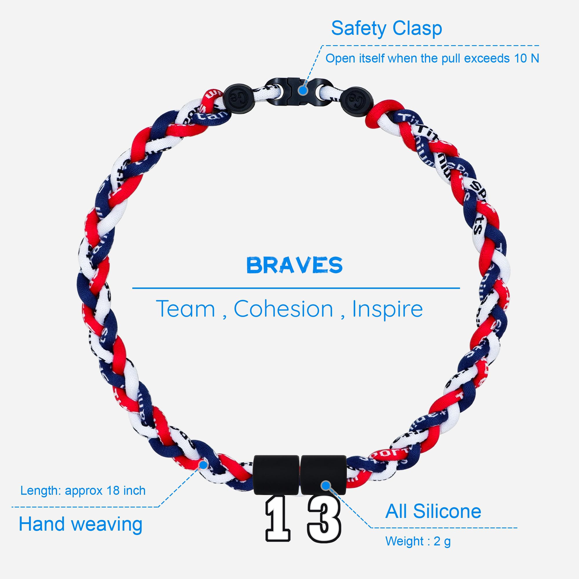 SUPBOMM Baseball Rope Necklaces, League Team Colors Braided Necklace with Number Pendant, Baseball Team Gifts, Braves, No. 13