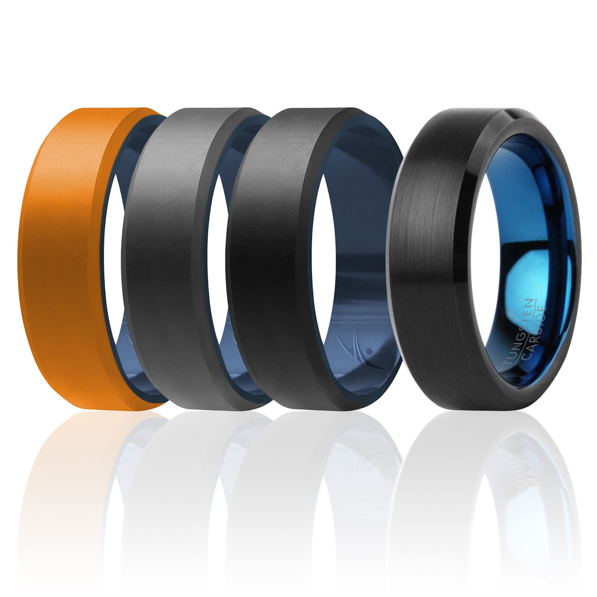 Silicone Wedding Twin Beveled 8Mm Ring Set - Black By Roq For Men - 4 X 8 Mm Ring