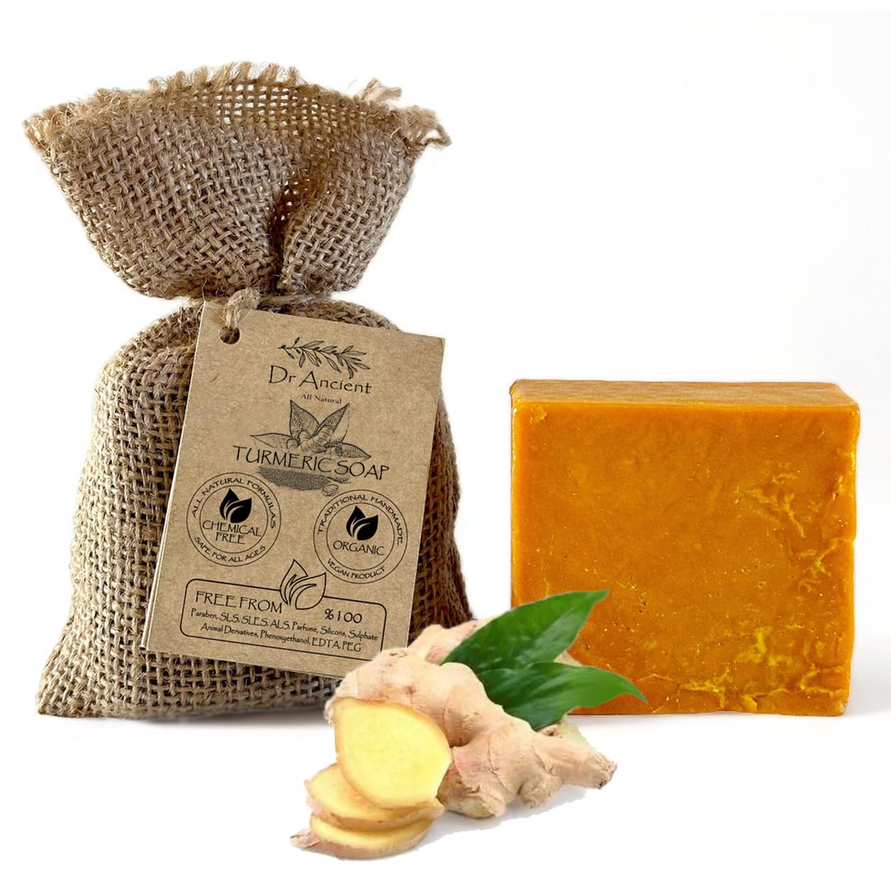 Dr.Ancient Turmeric Soap Bar Organic Natural Vegan Traditional Handmade Antique - Anti Ageing - Absolutely No Chemicals! Pure Na