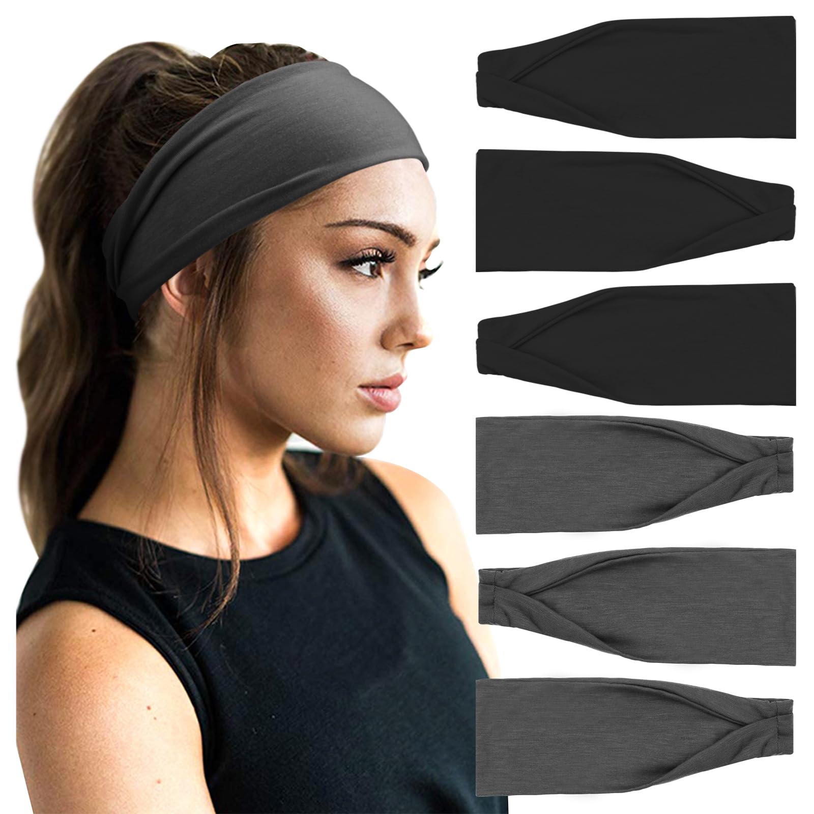 Dreshow Yoga Sports Headbands For Women Elastic Non-Slip Headbands Workout Running Hair Bands 6 Pack