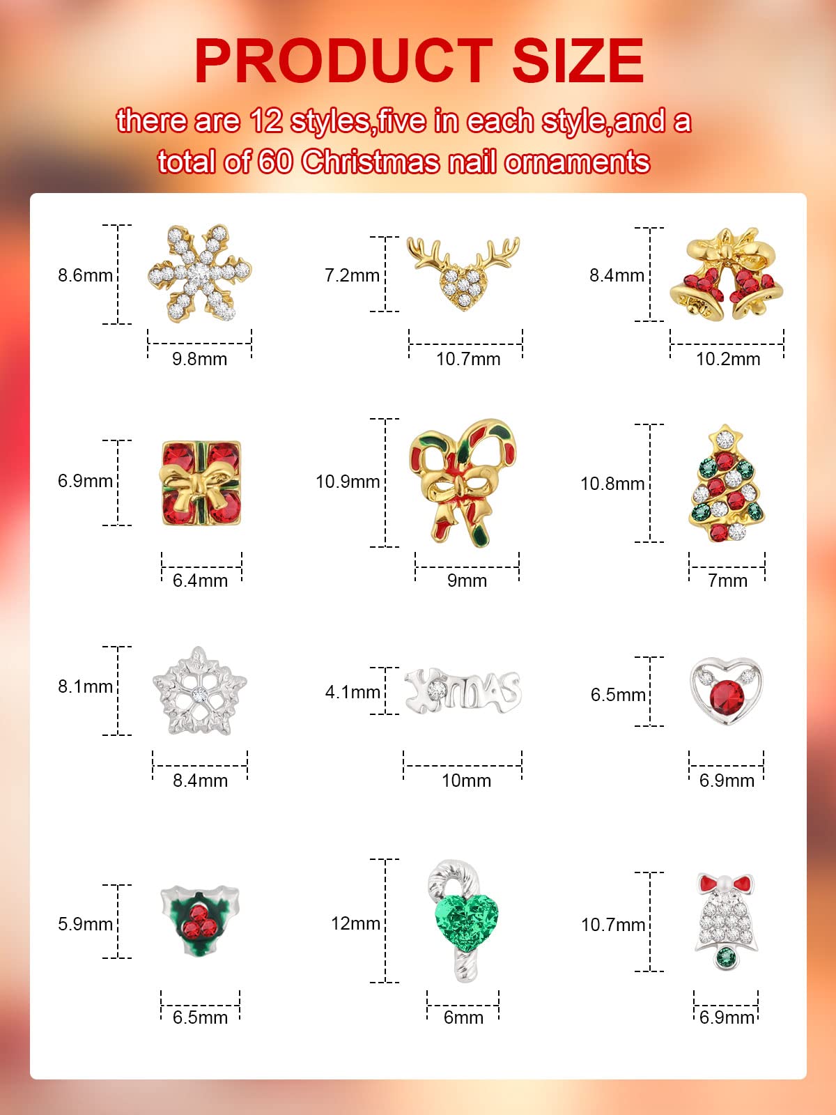 60 PCS Christmas Nail Art Rhinestones EBANKU 3D Alloy Xmas Nail Art Charms Bell Nail Diamonds Snowflake Nail Jewelry Christmas S