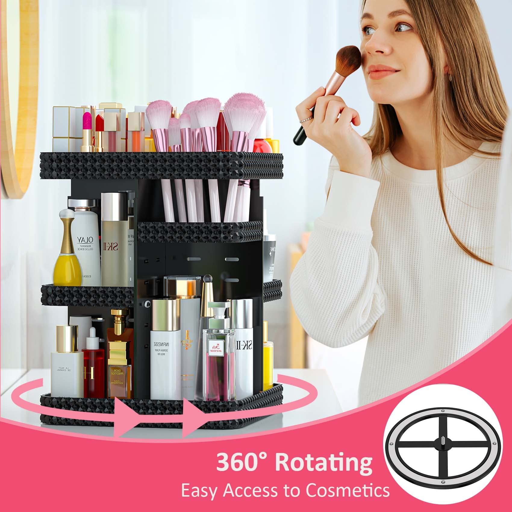 Bocony Rotating Makeup Organizer, Large Capacity Cosmetic Display Case, Acrylic Skincare Organizer With Brush Holder, Makeup Sto