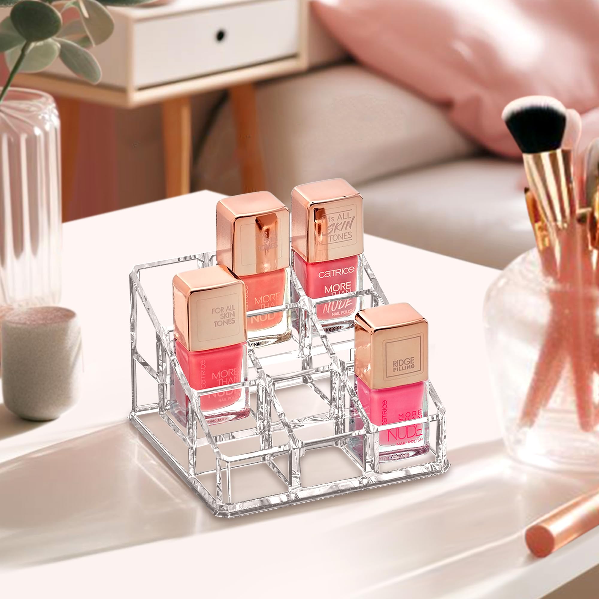 Amazing Abby - Glamour - 9-Slot Acrylic Nail Polish Organizer, Lipstick Holder, Lip Gloss Organizer, Cosmetic Storage Display, P