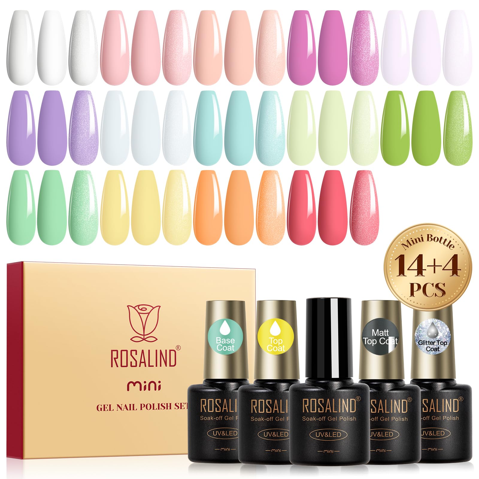 ROSALIND 18PCS Gel Nail Polish Set with Base Top Coat (Glossy Matte and Glitter),14 Pcs Pastel Bright Colors Gel Polish Set Maca