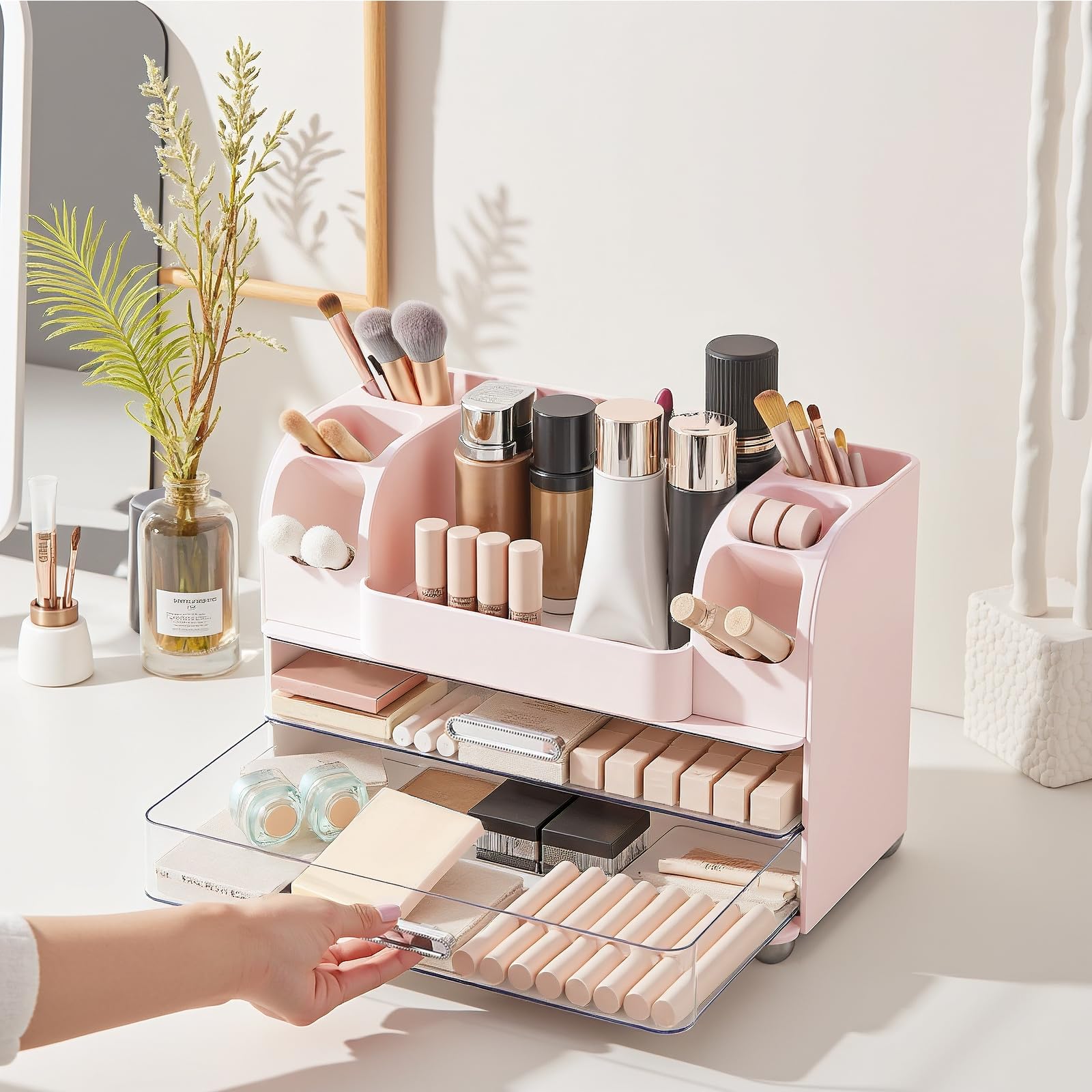 Makeup Organizer for Vanity Countertop with 2 Large Drawers, Spacious Display Cabinet, Partitioned Top Compartment 6 Brush Holde