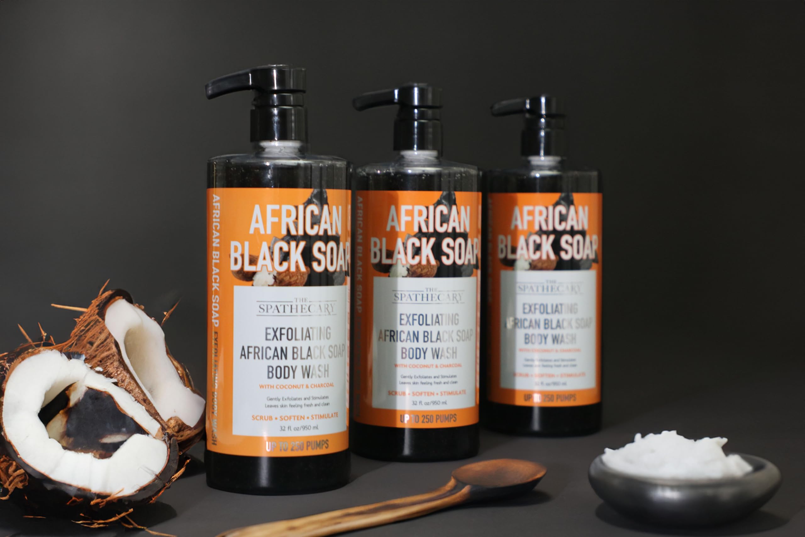 The Spathecary African Black Soap Exfoliating Body Wash with Coconut and Charcoal, Scrub, Soften, Stimulate, 32 oz