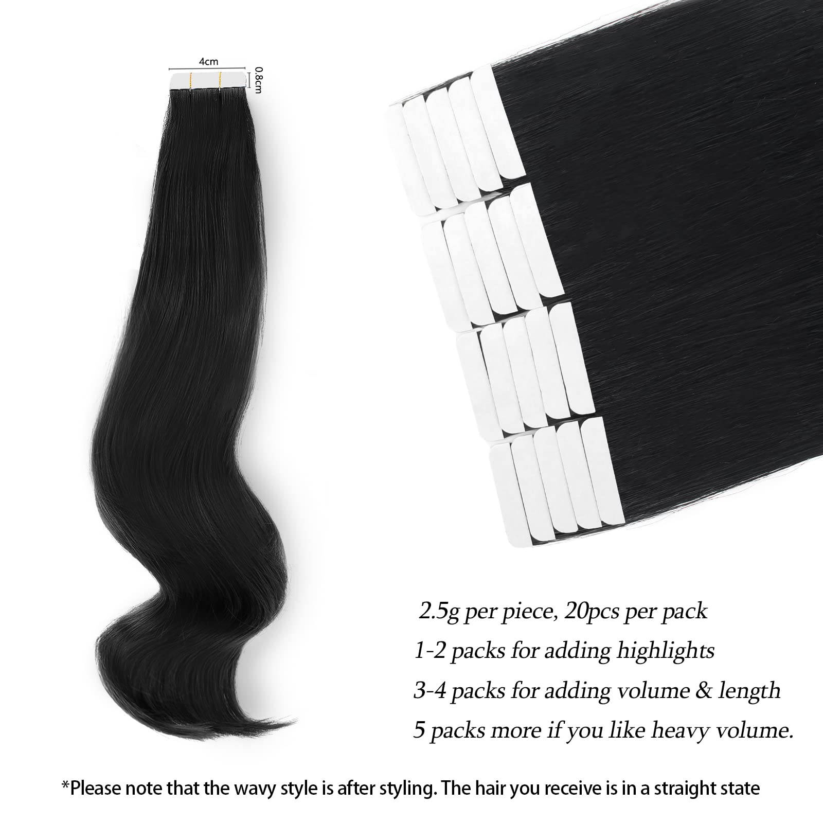 Abh Amazingbeauty Tape In Hair Extensions Semi-Permanent Pre-Taped Black Tape Extensions Real Remy Human Skin Weft, Invisible, S