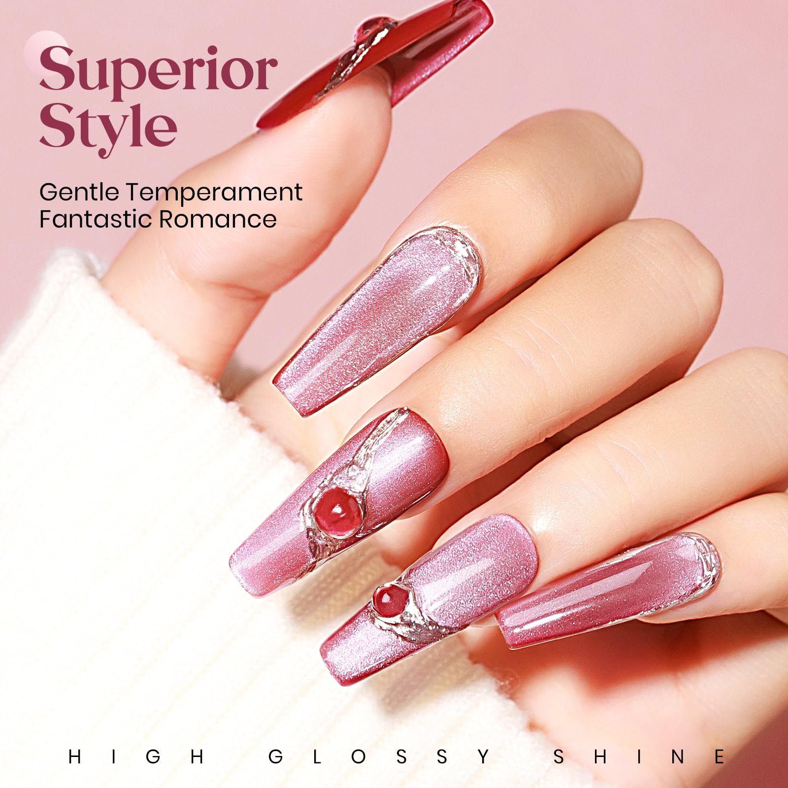 Mizhse Cat Eye Gel Nail Polish: Red Magnetic Gel Polish With Magnet Stick, Maillard Style Magic Effect Galaxy Shimmer Glitter Ho
