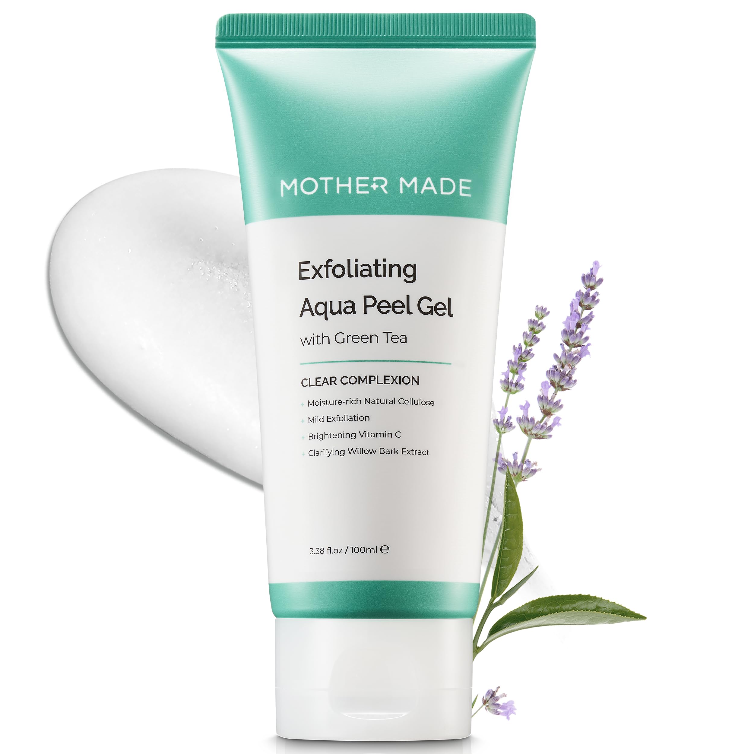 Mother Made Exfoliating Vegan Facial Peeling Gel With Green Tea, Vitamin E, Hyaluronic Acid, 3.38 Fl. Oz.| Gentle Natural Face S
