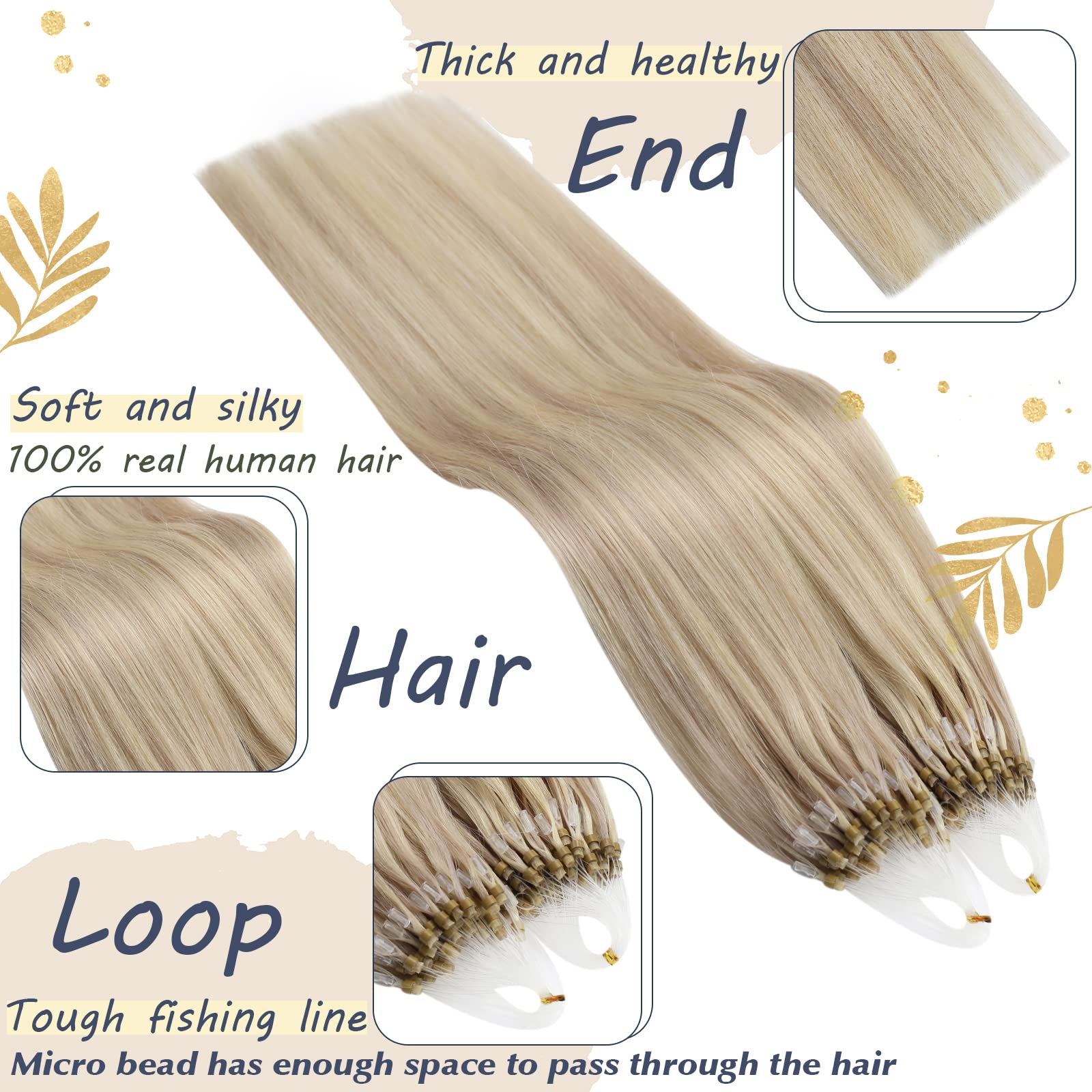 Ugeat 14Inch Micro Ring Hair Extensions Ash Blonde Microbead Hair Extensions Highlight #P18/613 Micro Loop Hair Extensions 50Gra