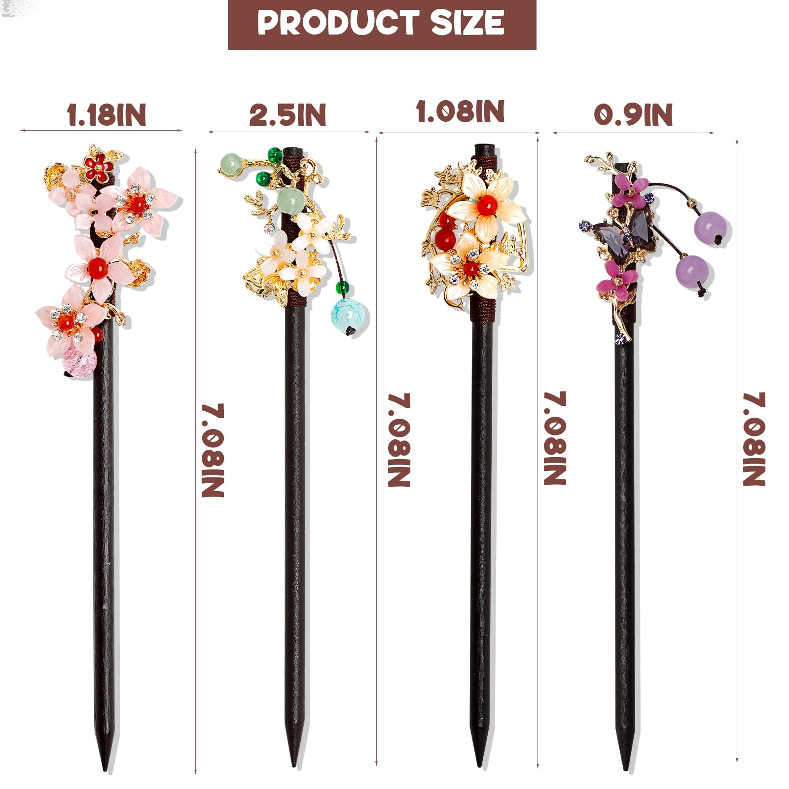 4 Pcs Wooden Hair Sticks Chinese Traditional Flower Hair Sticks For Long Hair Hair Chopsticks For Women Girl Classic Vintage Flo