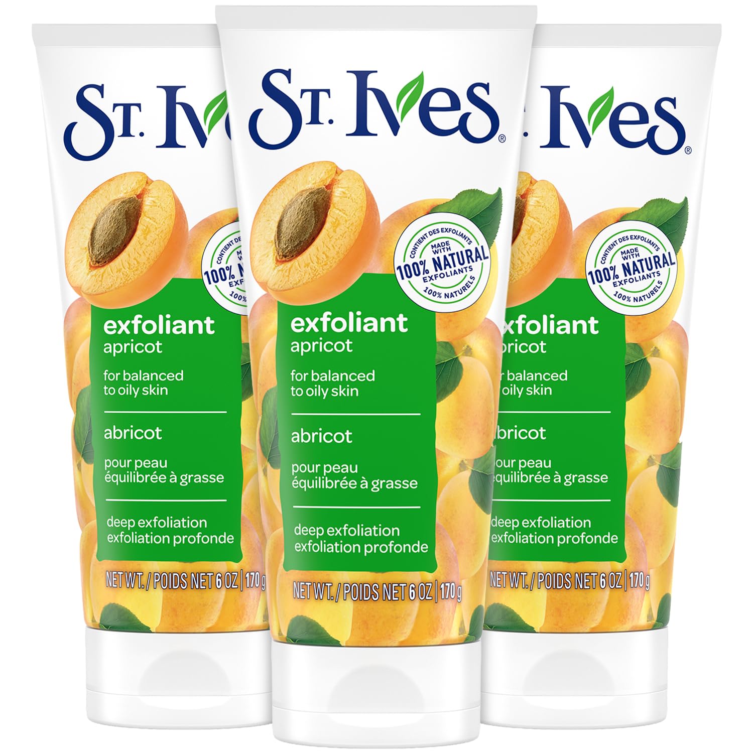 St. Ives Apricot Facial Scrub, Fresh Skin 3Pack  Face Exfoliant for Balanced to Oily Skin, 6 Oz Ea