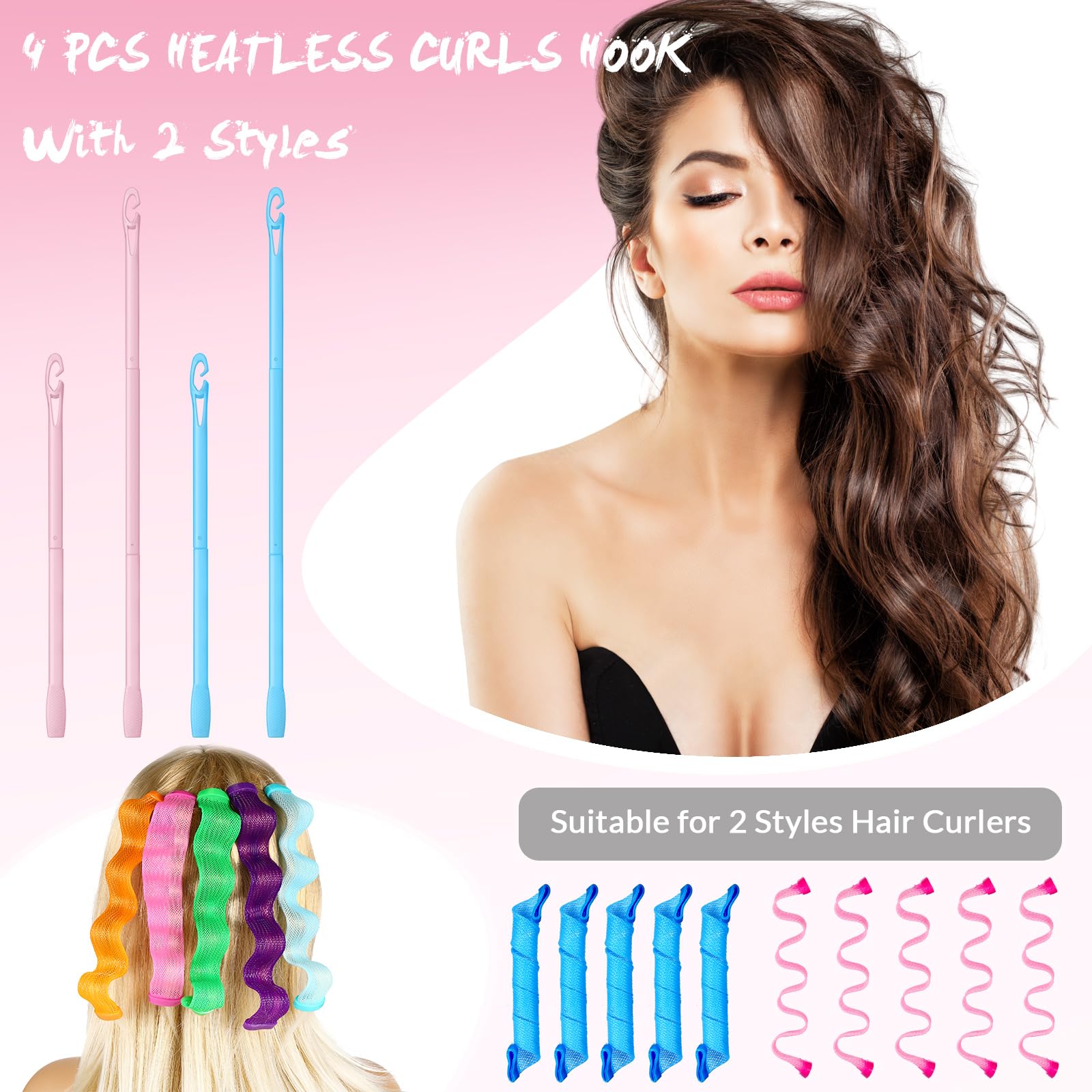 Yilloog 4 Pcs Spiral Hair Curlers For Long Wave Styling - Heatless Hook Curls In 13.8 And 22 Inch Lengths (Light Blue, Pink)