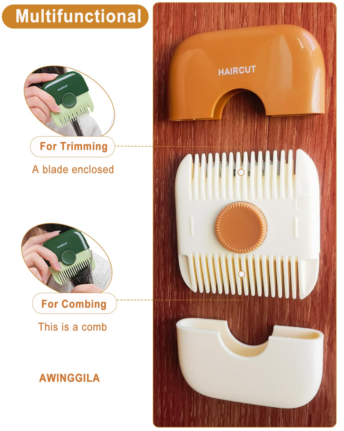 AWINGGILA 2 in 1 Hair Trimmer Comb - Manual Bangs Razor Cutter, 1 Pack, Orange, ACGN-8, Durable ABS Material