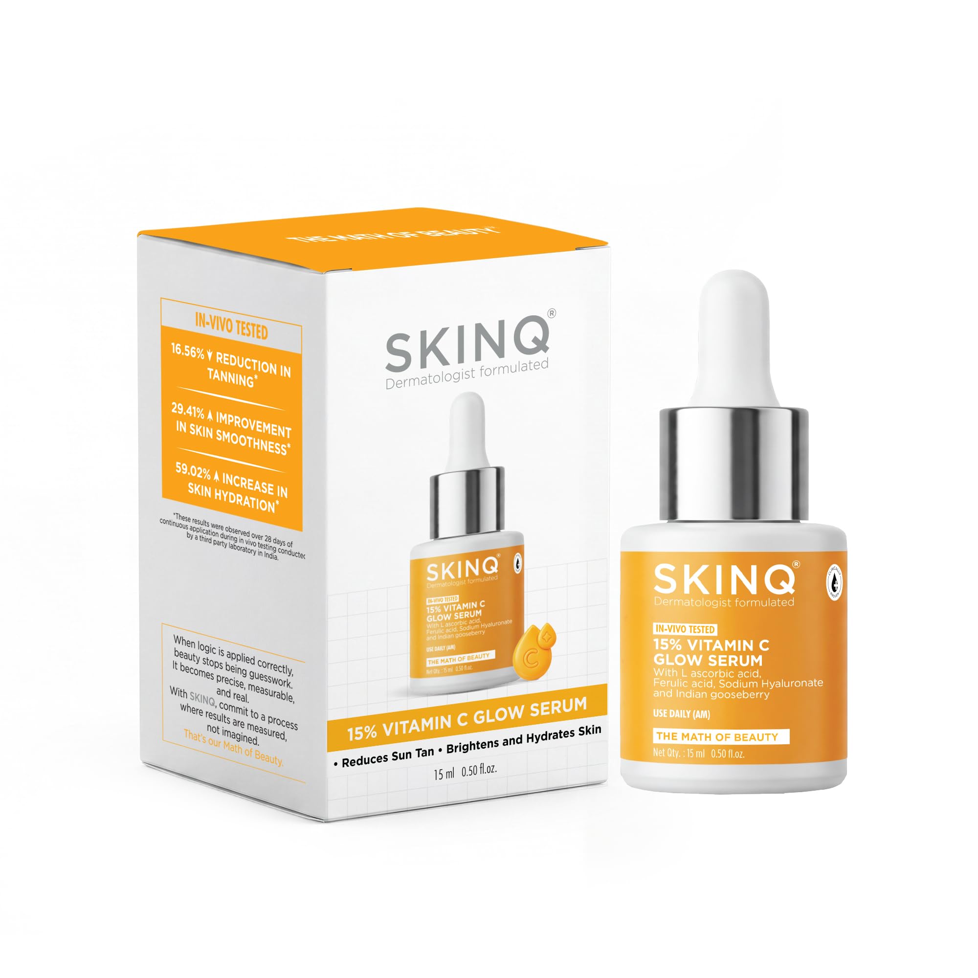 Skinq 15% Vitamin C Glow Serum With L Ascorbic Acid, Ferulic Acid & Sodium Hyaluronate | Reduces Tan & Brightens Skin | Lightwei