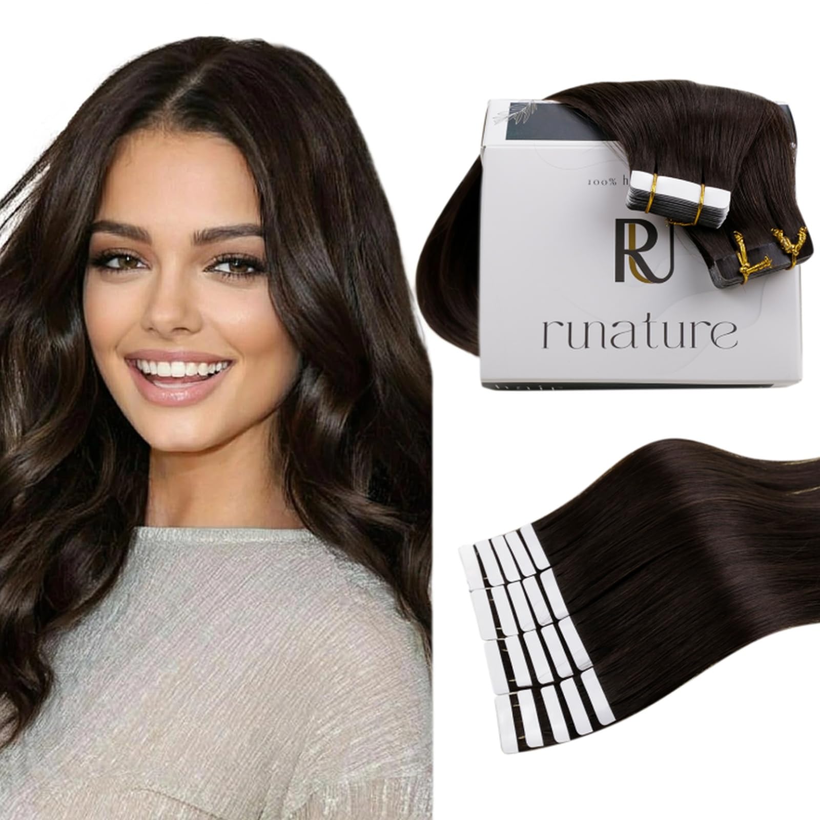 RUNATURE 20 Inch Tape ins Human Hair Extensions Brown Brazilian Straight Tape in Hair Extensions Real Human Hair Skin Weft Seaml