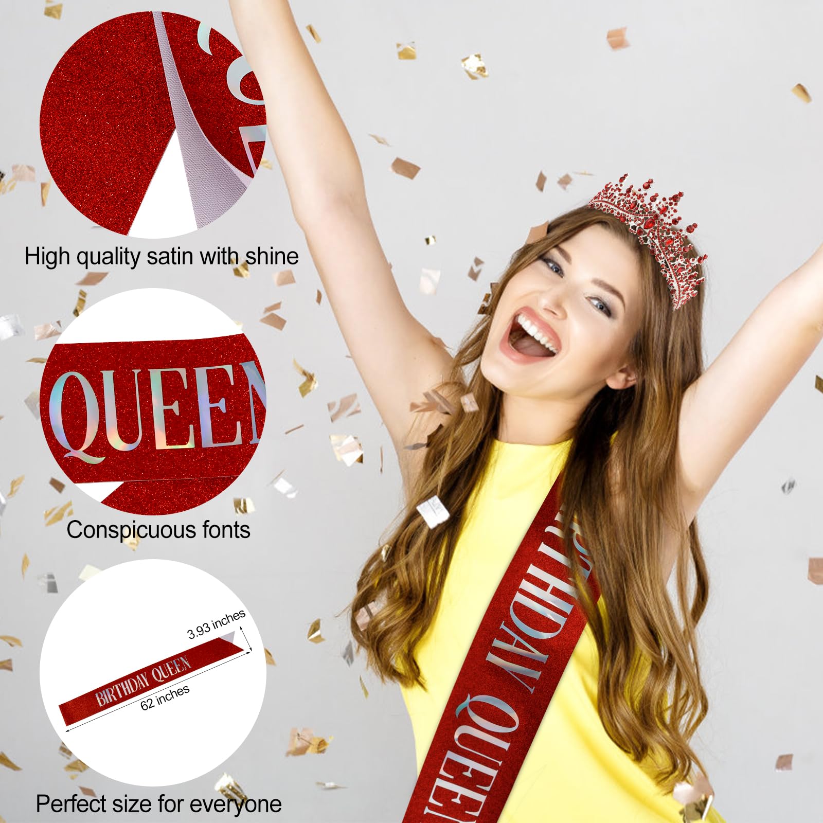 Tihebax Birthday Queen Sash & Rhinestone Tiara Red Sliver Crown Birthday Sash And Tiara For Women Girls Princess Tiara Crown Bir