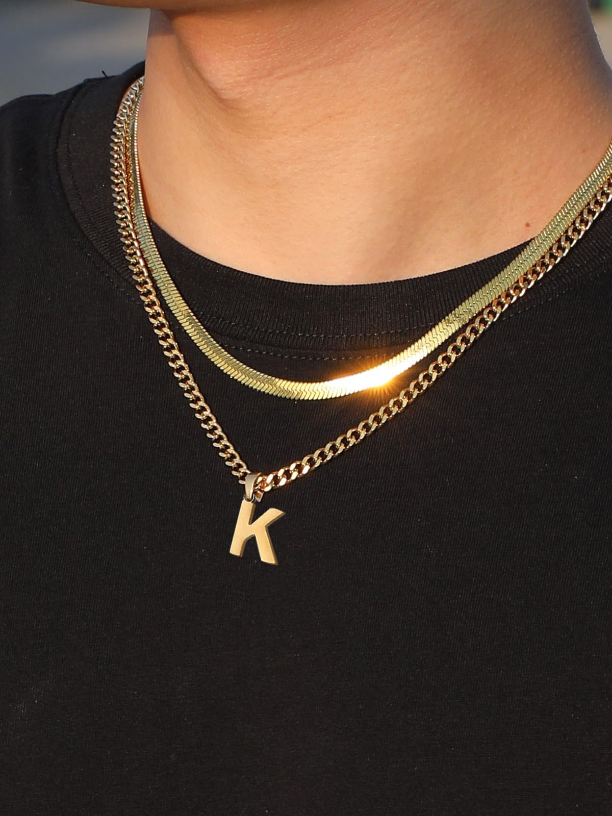 P.BLAKE Layered Initial K Pendant Necklace for Men, Stainless Steel Letter Cuban Link Herringbone Chain Jewelry Collar Cadenas P