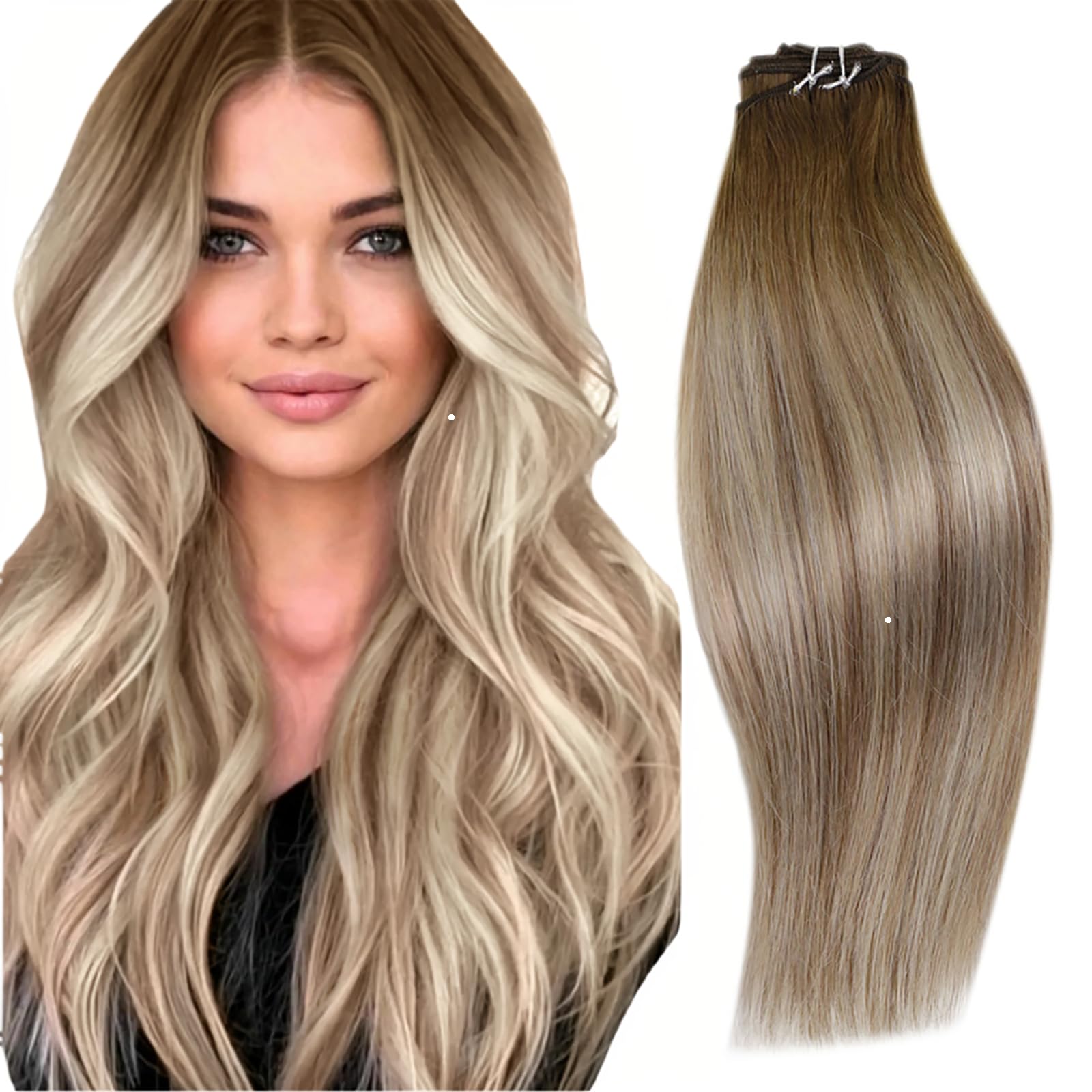 RUNATURE Sew in Hair Extensions Real Human Hair Weft Balayage Walnut Brown to Ash Brown Ombre Light Blonde Straight Weft Human H