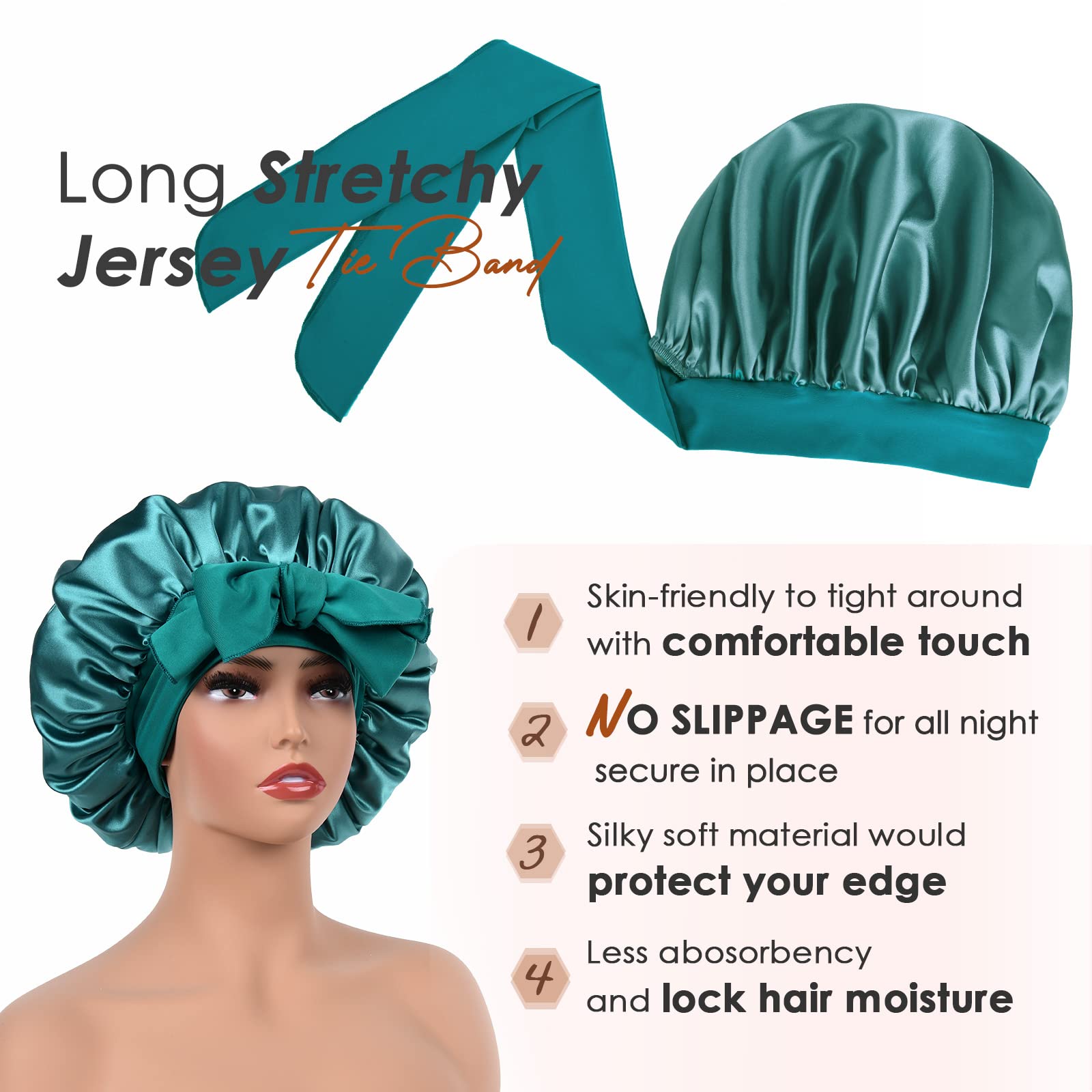YANIBEST Satin Bonnet Silk Bonnet for Sleeping Double Layer Satin Lined Black Hair Bonnet with Tie Band Bonnets for Women Natura
