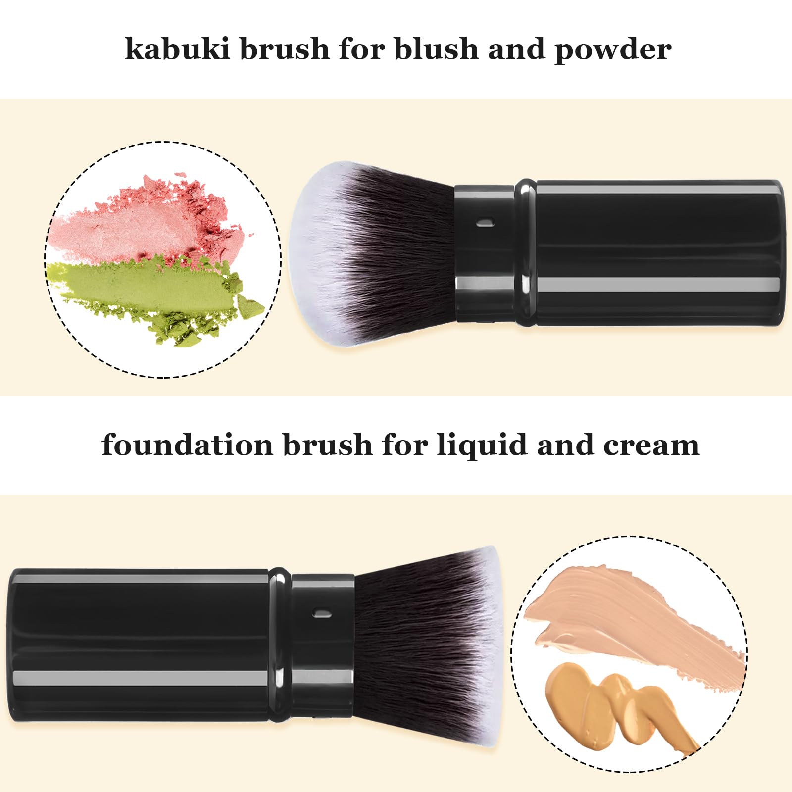 Keriloo Retractable Makeup Brush 2 Pack - Travel Kabuki Brushes for Liquid, Blush, Bronzer - Black, Aluminum & Synthetic Fibers, Model M-2YP-H