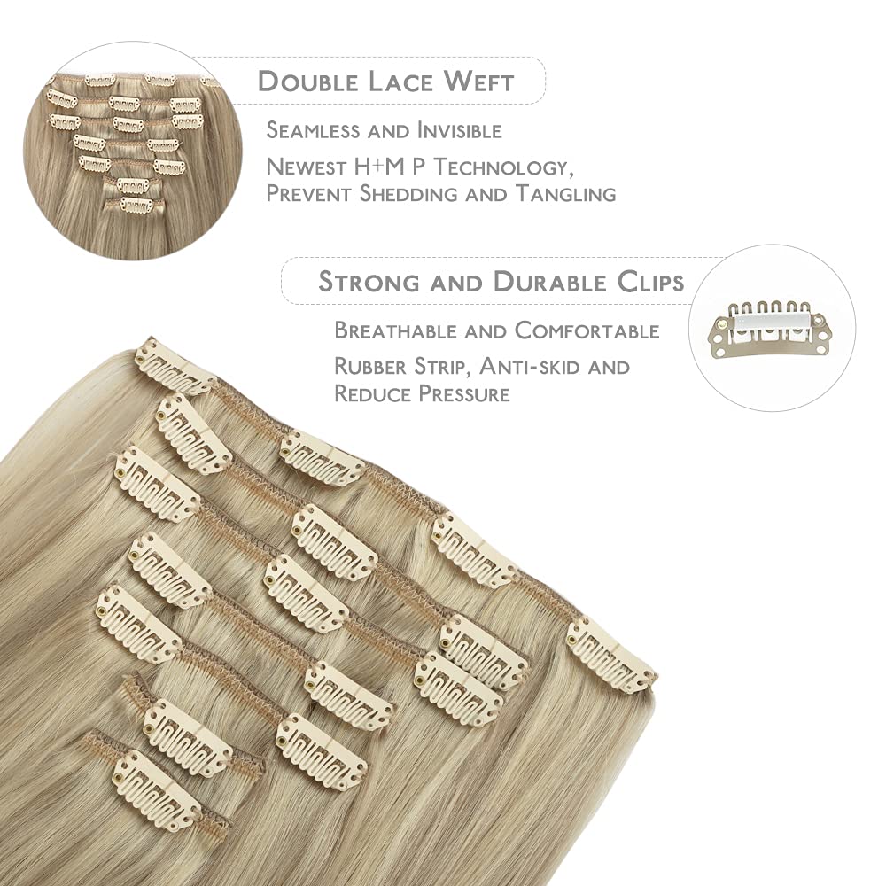 Wennalife Clip In Hair Extensions, 24 Inch 120G 7Pcs Clip In Hair Extensions Real Human Hair, Ash Blonde To Golden Blonde And Pl
