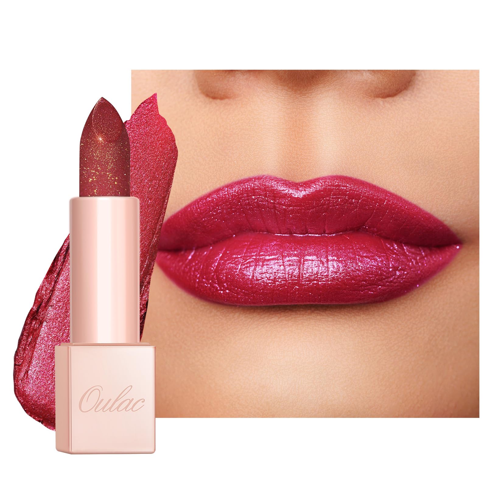 Oulac Shimmer Lipstick for Women, Infinity High Shine Finish, Hydrating Lip Color Infused with Damask Rose Oil for All-Day Comfo